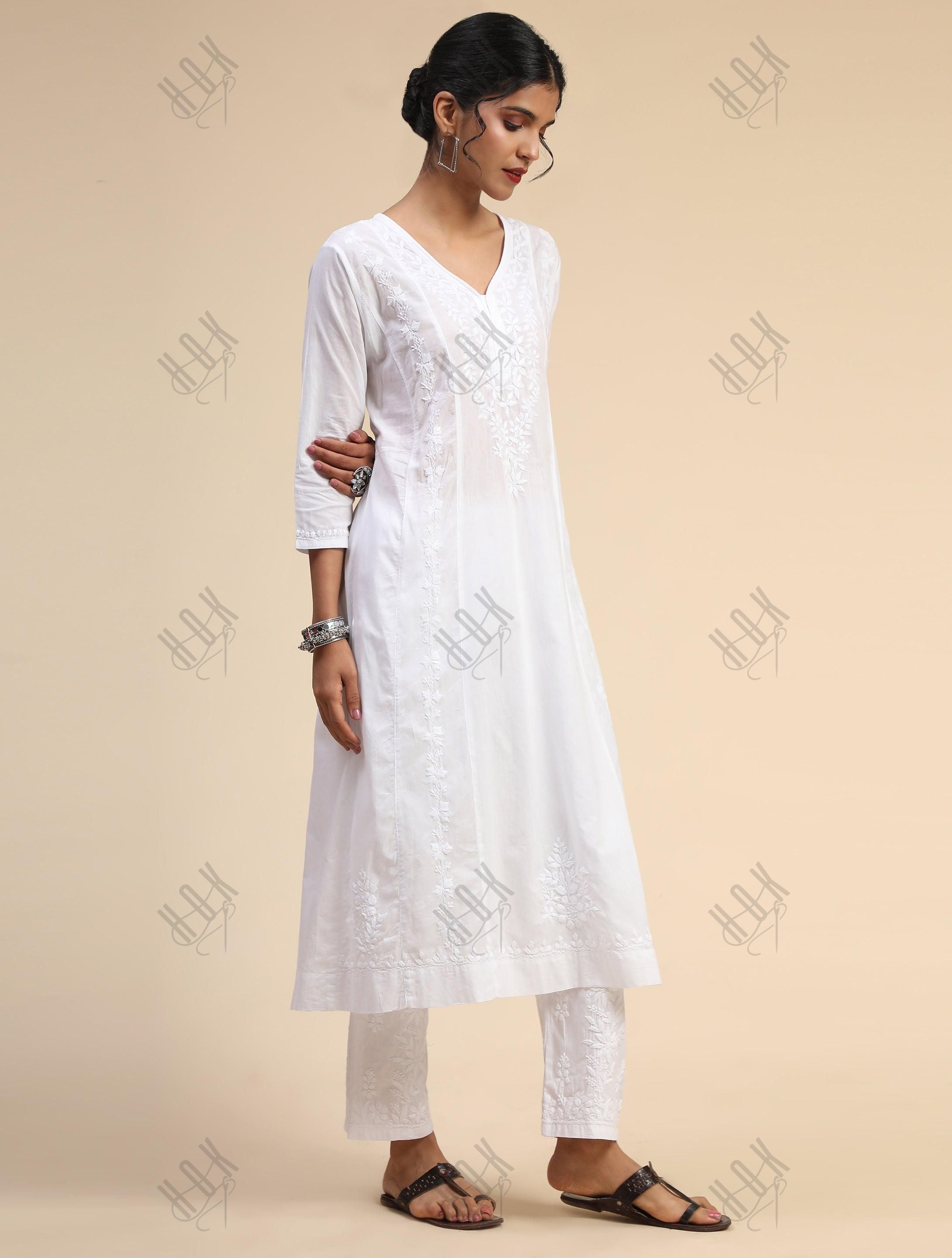 Noor House of Kari Hand embroidery Chikankari Long Kurta-White - House Of Kari (Chikankari Clothing)