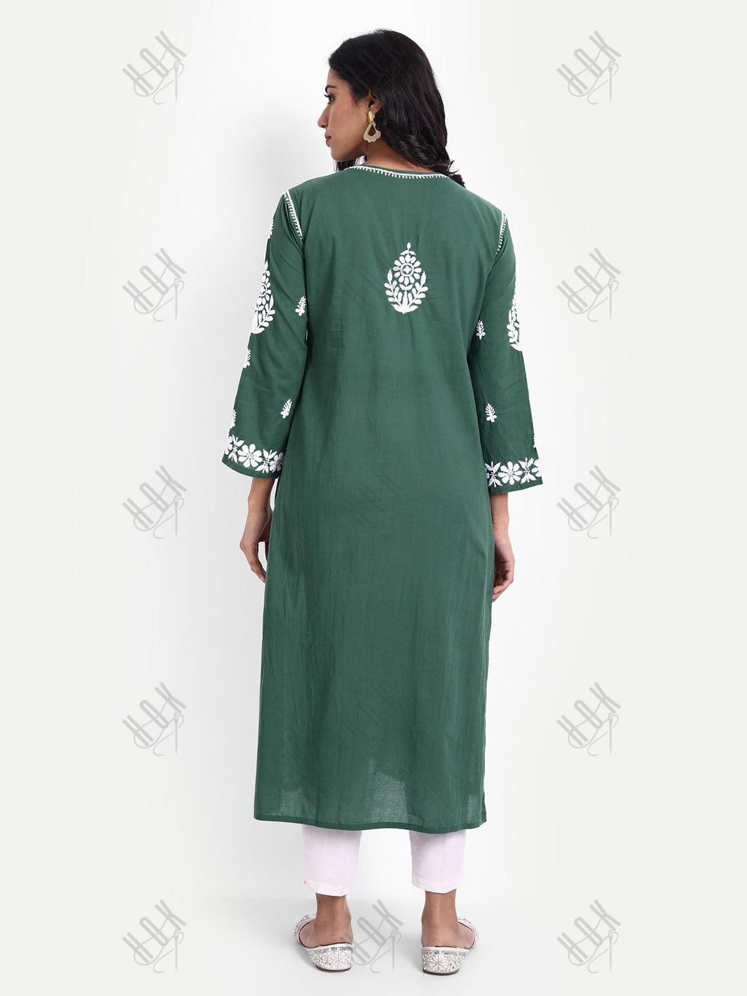 Sonakshi Duhan in Hand embroidery Chikankari Round neck Dress in Cotton-Green - House Of Kari (Chikankari Clothing)