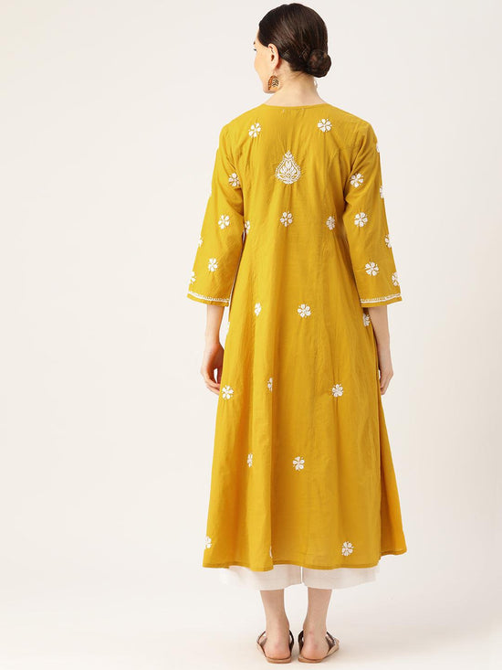 Hand embroidery Chikankari Dress-Mustard Yellow & White - House Of Kari (Chikankari Clothing)