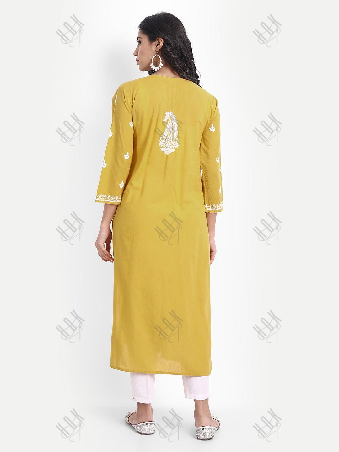 Chikankari Hand embroidery Dress in Cotton Yellow - House Of Kari (Chikankari Clothing)