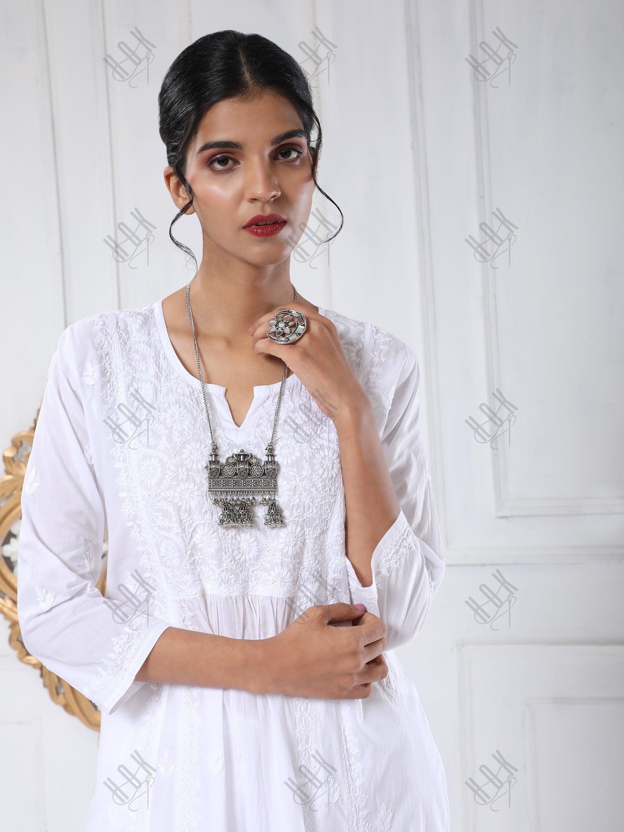 Noor House of Kari Hand embroidery Chikankari Dress in White - House Of Kari (Chikankari Clothing)