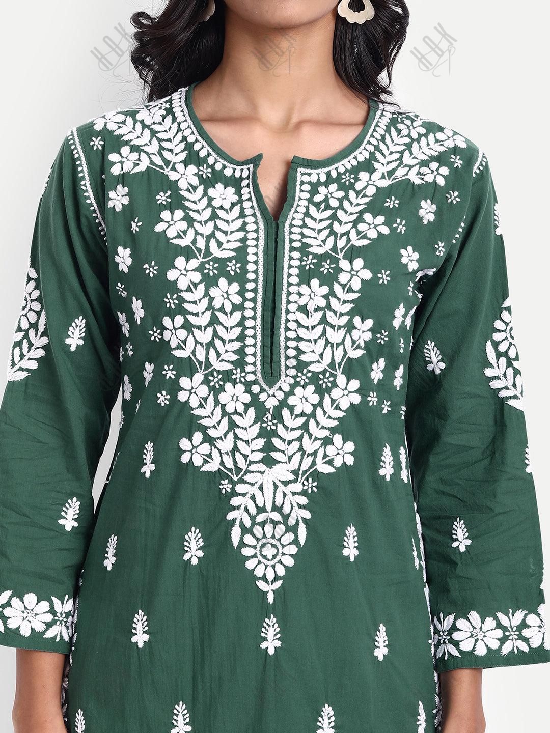 Sonakshi Duhan in Hand embroidery Chikankari Round neck Dress in Cotton-Green - House Of Kari (Chikankari Clothing)