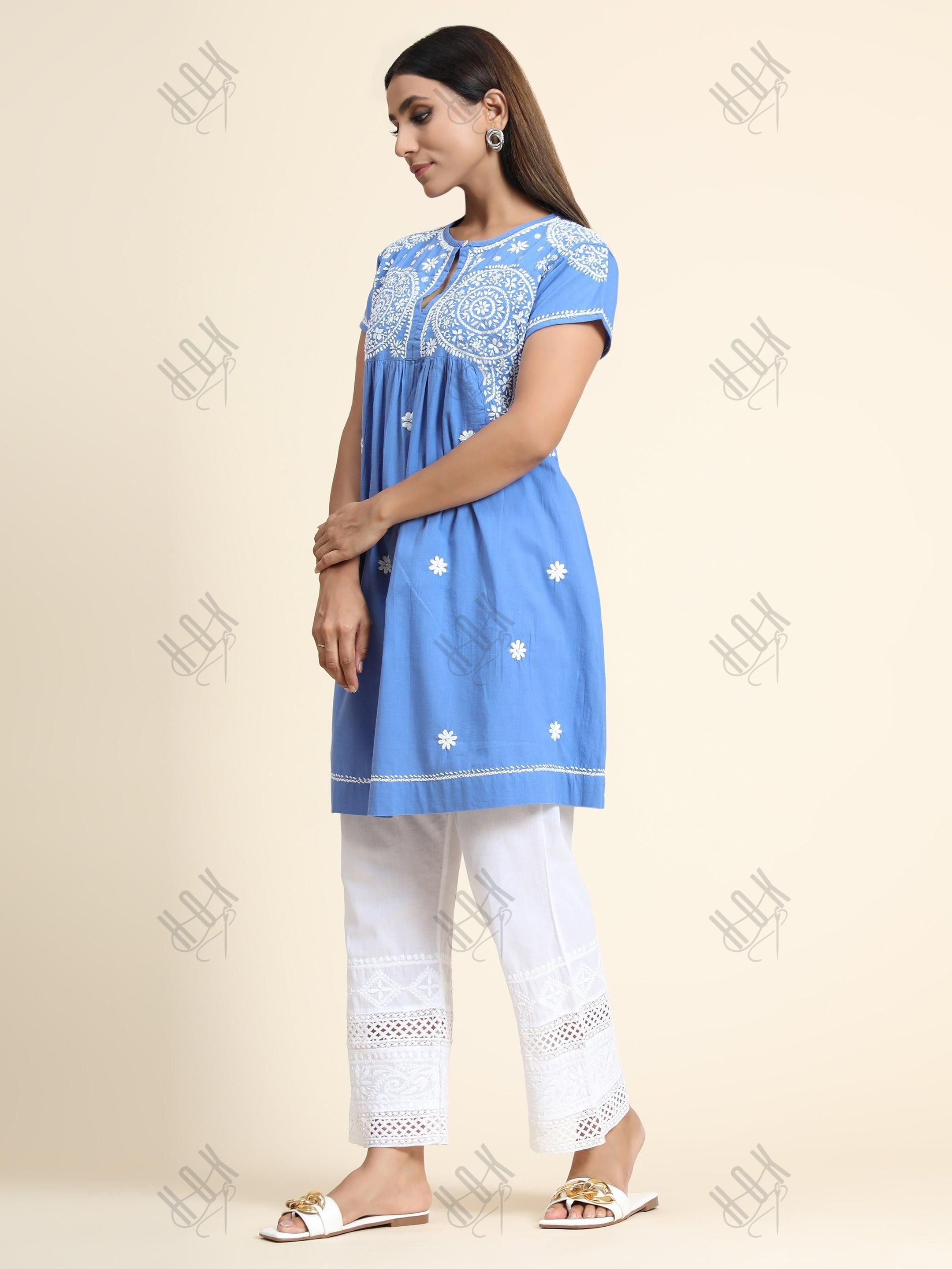 Hand Embroidery Chikankari Tunic for Women-Light Blue - House Of Kari (Chikankari Clothing)