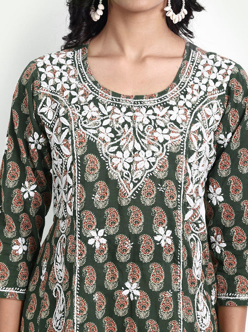 Chikankari Hand embroidery Round neck Dress in Cotton Brown - House Of Kari (Chikankari Clothing)