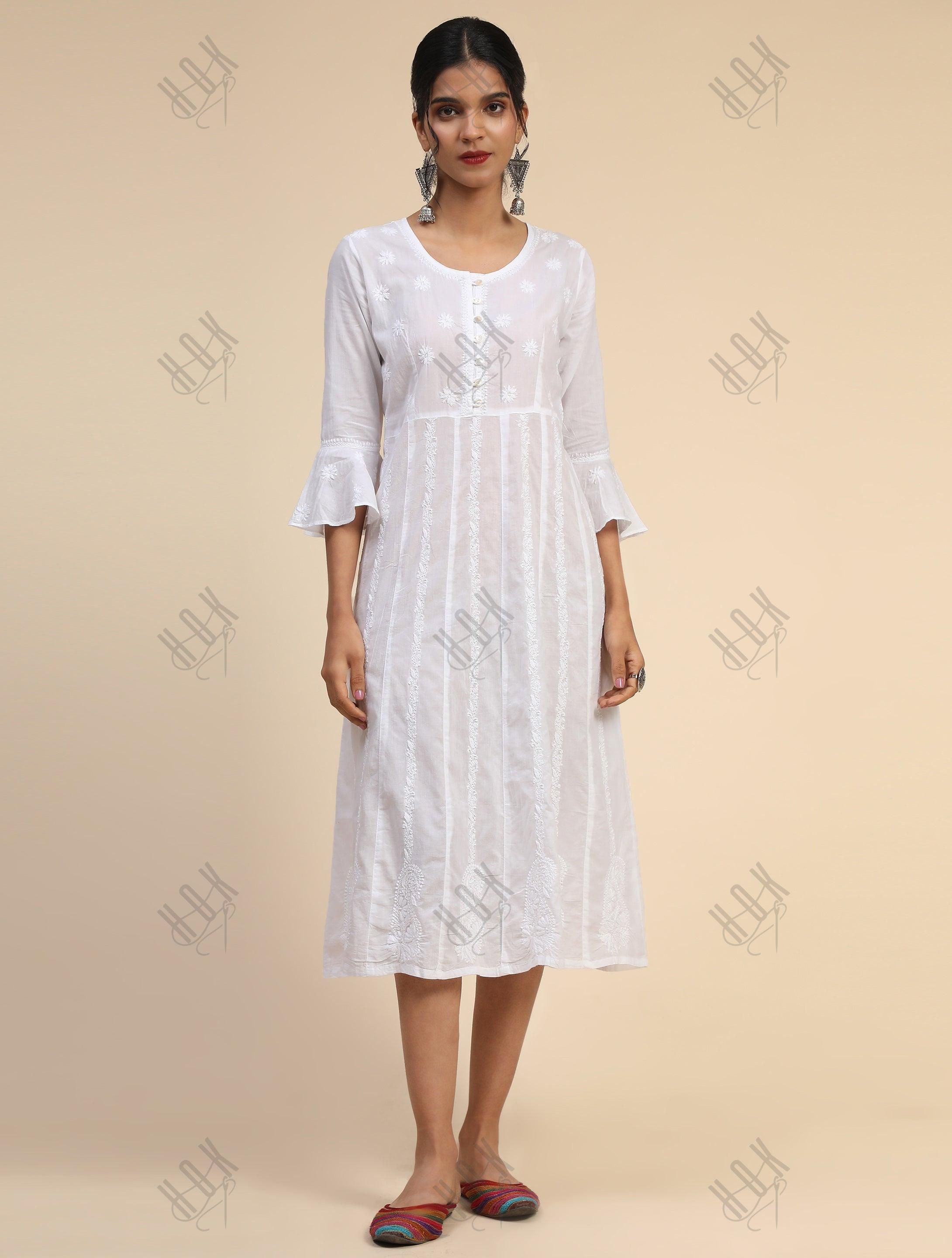 Hand embroidery Chikankari Long Kurta-White - House Of Kari (Chikankari Clothing)