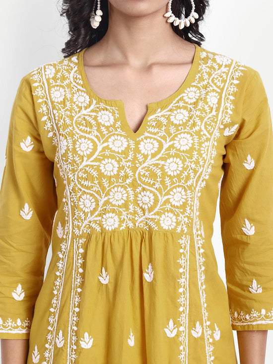 Chikankari Hand embroidery Dress in Cotton Yellow - House Of Kari (Chikankari Clothing)