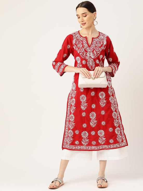 Hand Embroidery Chikankari Long Kurti for Women - Red - House Of Kari (Chikankari Clothing)