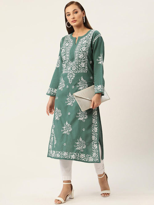 Jiya Jain in HOK Chikankari Kurti for Women - Green - House Of Kari (Chikankari Clothing)