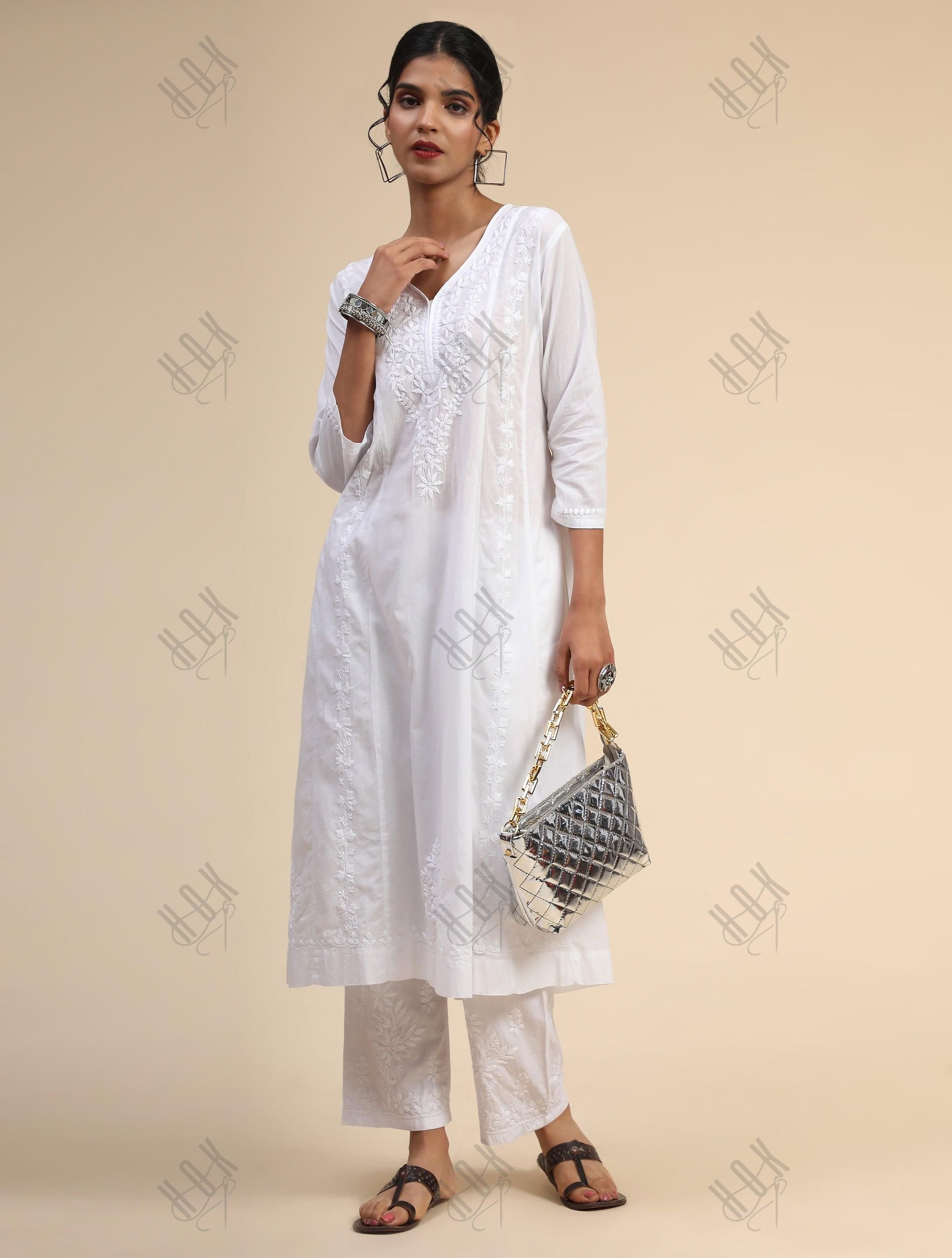 Noor House of Kari Hand embroidery Chikankari Long Kurta-White - House Of Kari (Chikankari Clothing)