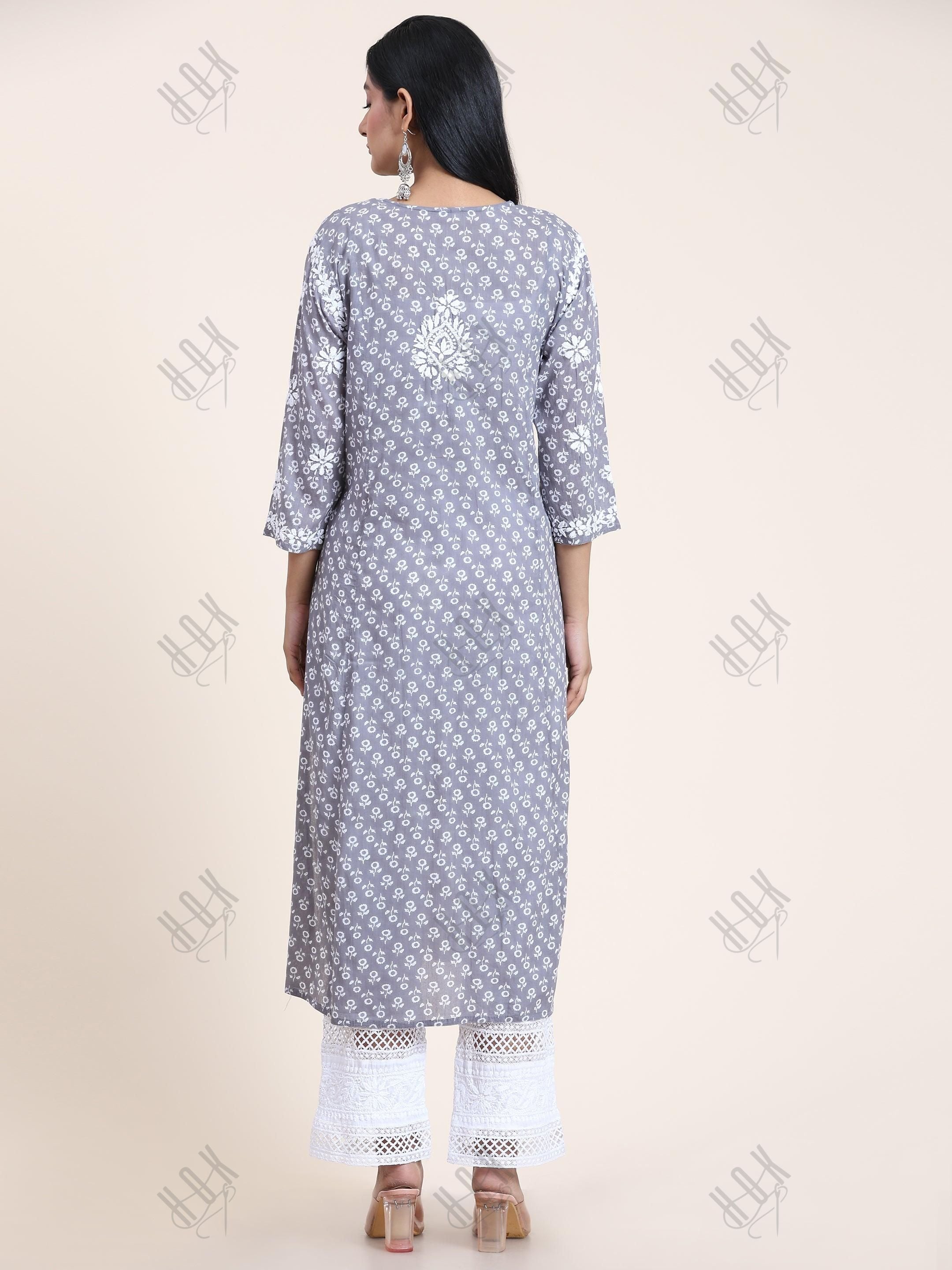 Noor Mul Printed Hand Embroidery Chikankari Kurta- Grey - House Of Kari (Chikankari Clothing)