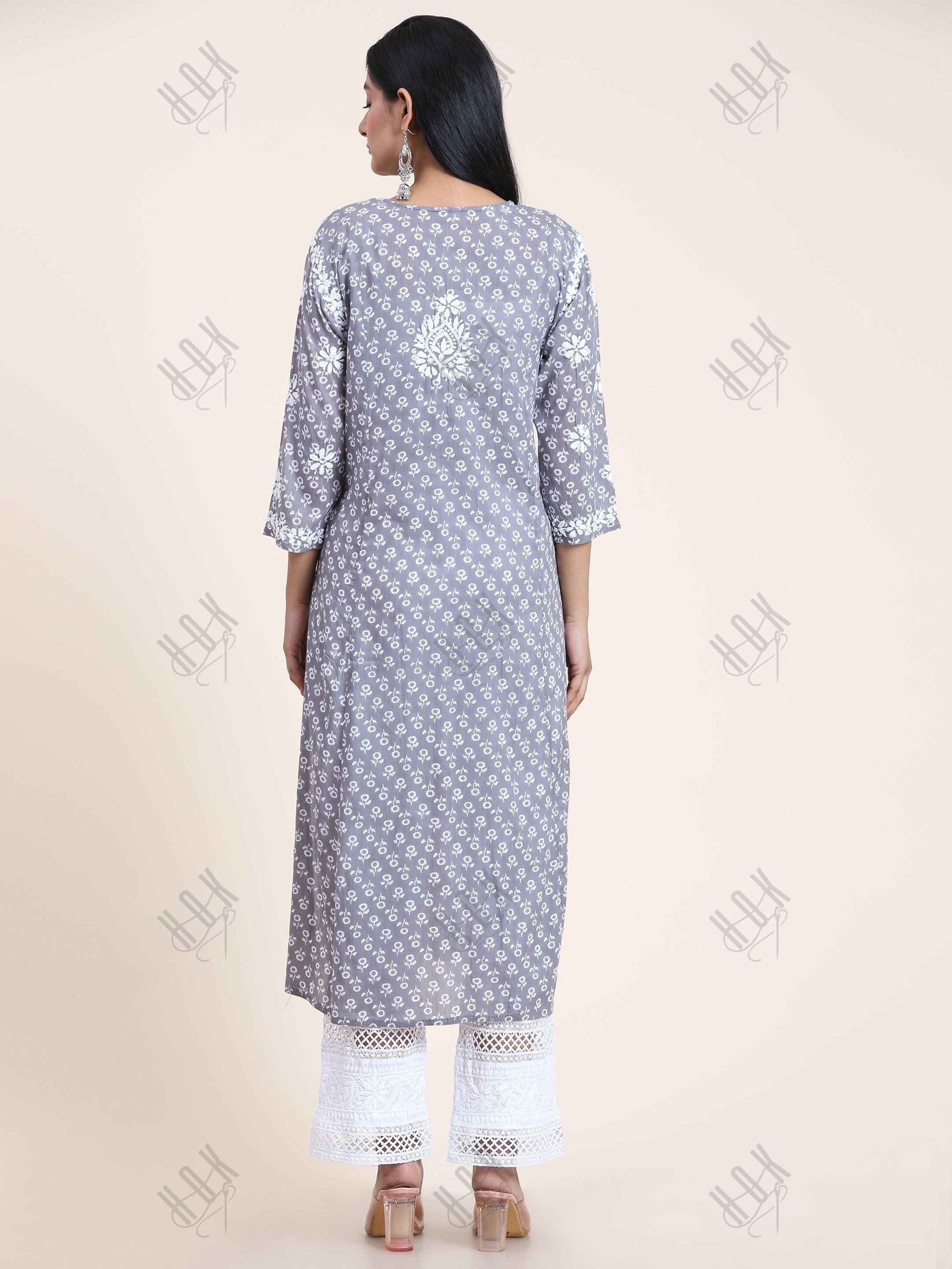 Aishwarya in Noor Mul Printed Hand Embroidery Chikankari Kurta- Grey - House Of Kari (Chikankari Clothing)