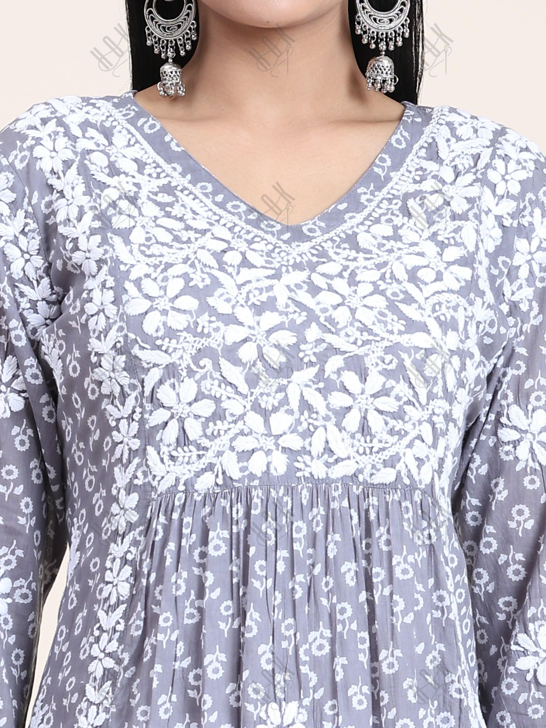 Noor Mul Printed Hand Embroidery Chikankari Kurta- Grey - House Of Kari (Chikankari Clothing)