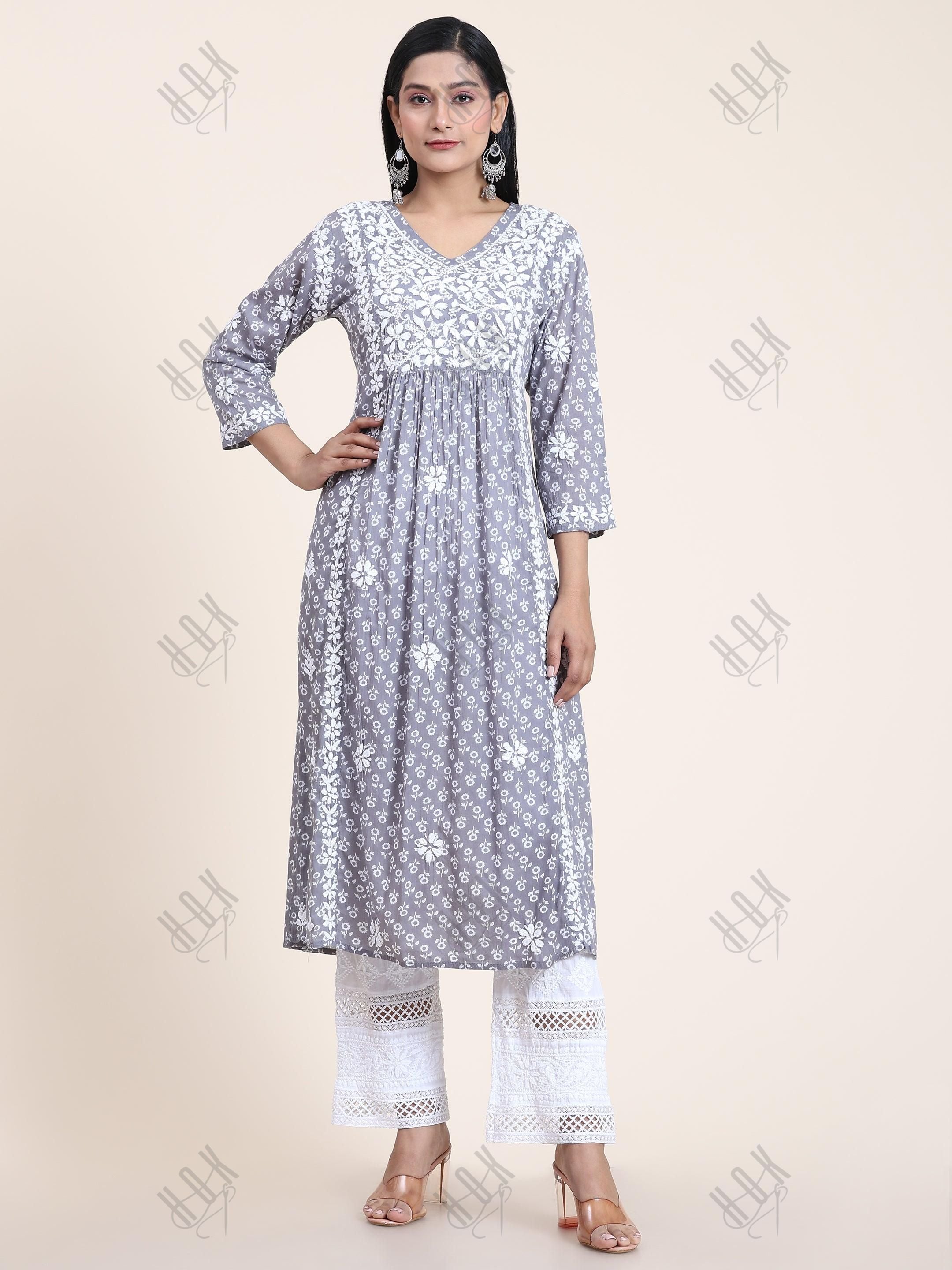 Noor Mul Printed Hand Embroidery Chikankari Kurta- Grey - House Of Kari (Chikankari Clothing)