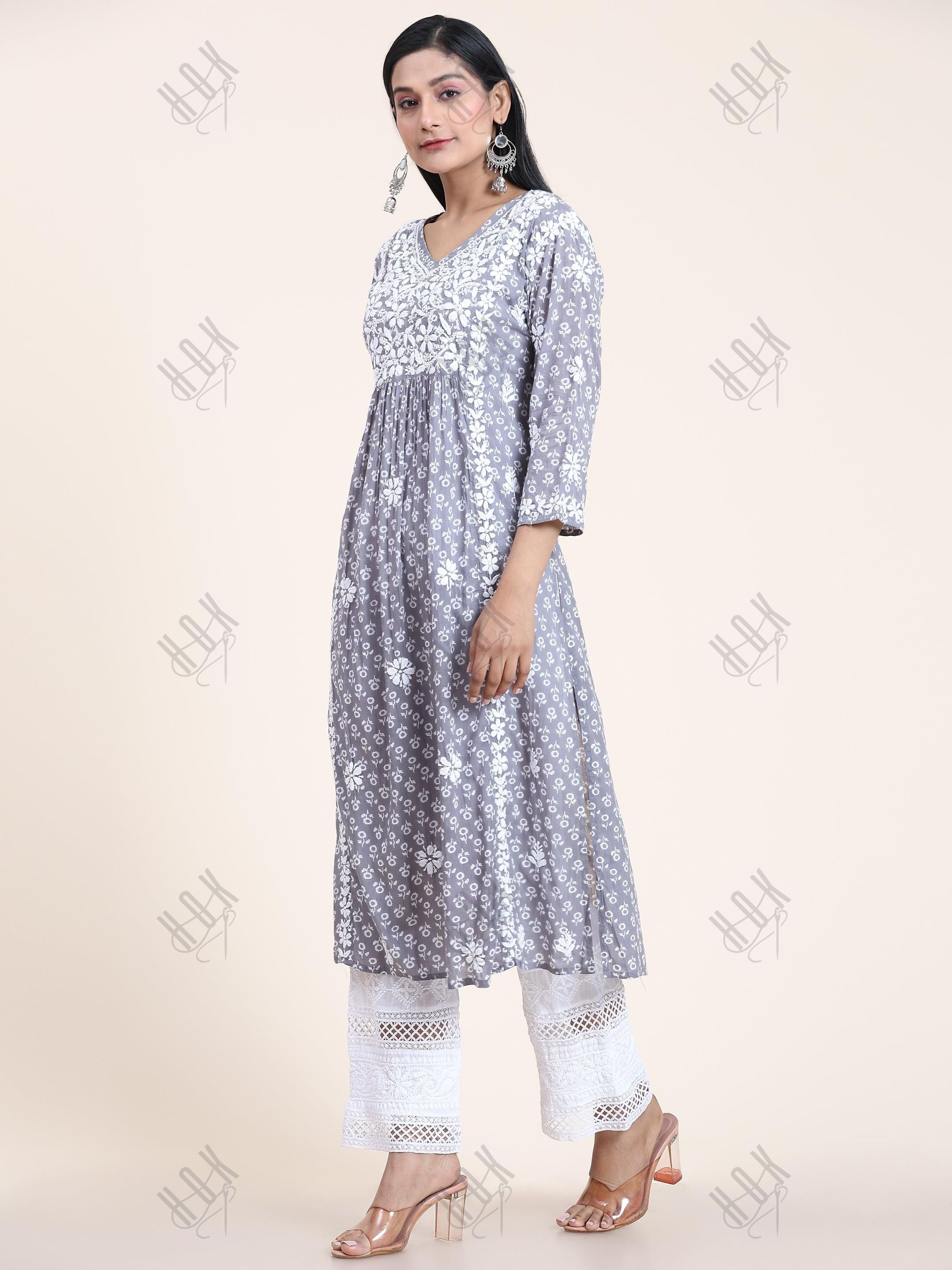 Noor Mul Printed Hand Embroidery Chikankari Kurta- Grey - House Of Kari (Chikankari Clothing)