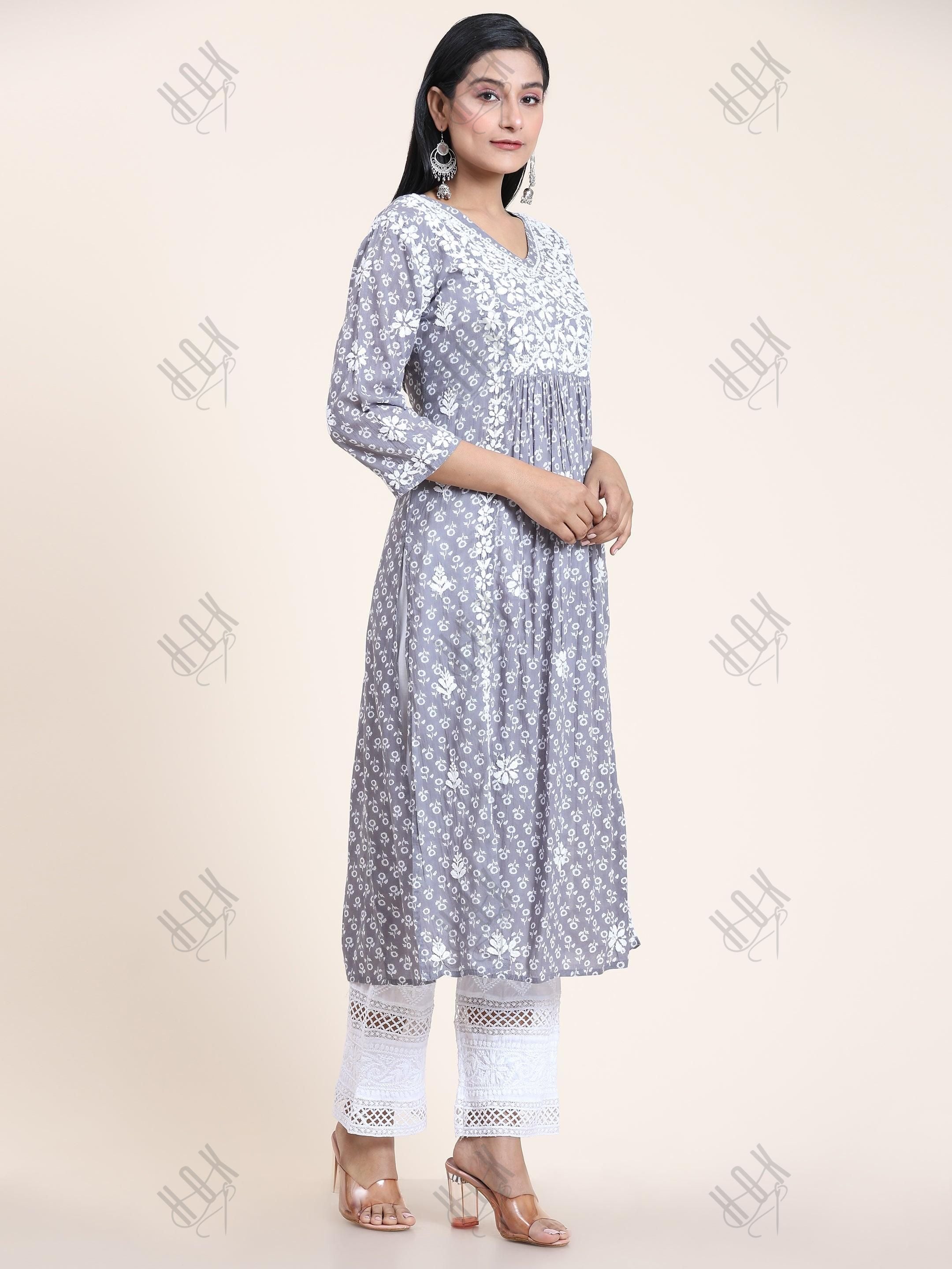 Noor Mul Printed Hand Embroidery Chikankari Kurta- Grey - House Of Kari (Chikankari Clothing)