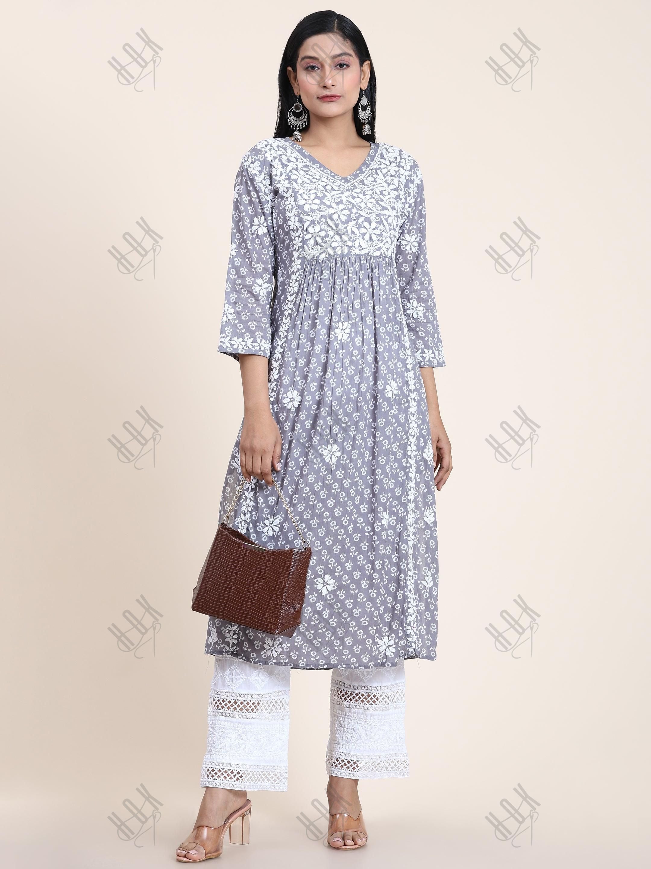 Aishwarya in Noor Mul Printed Hand Embroidery Chikankari Kurta- Grey - House Of Kari (Chikankari Clothing)