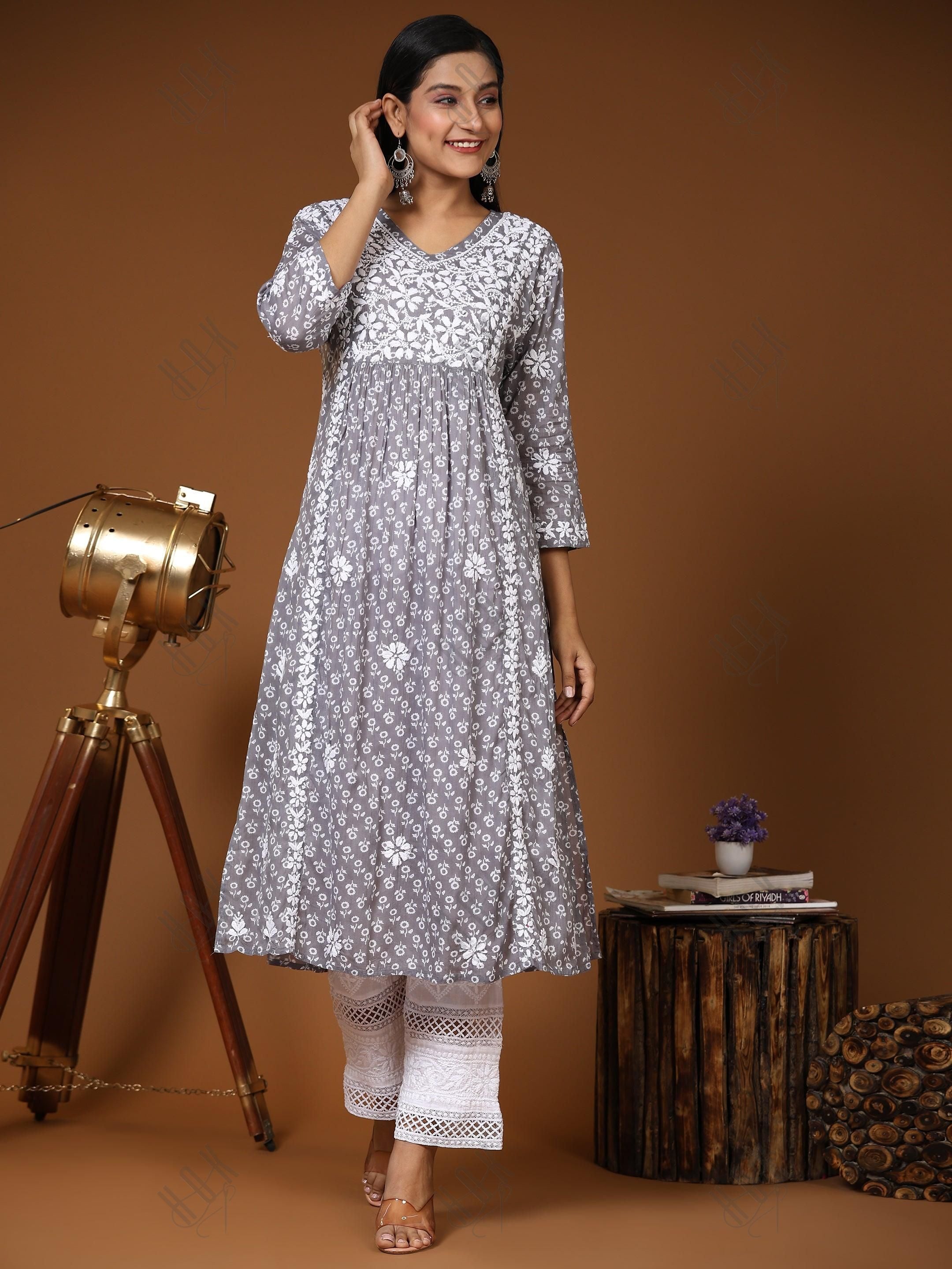 Aishwarya in Noor Mul Printed Hand Embroidery Chikankari Kurta- Grey - House Of Kari (Chikankari Clothing)