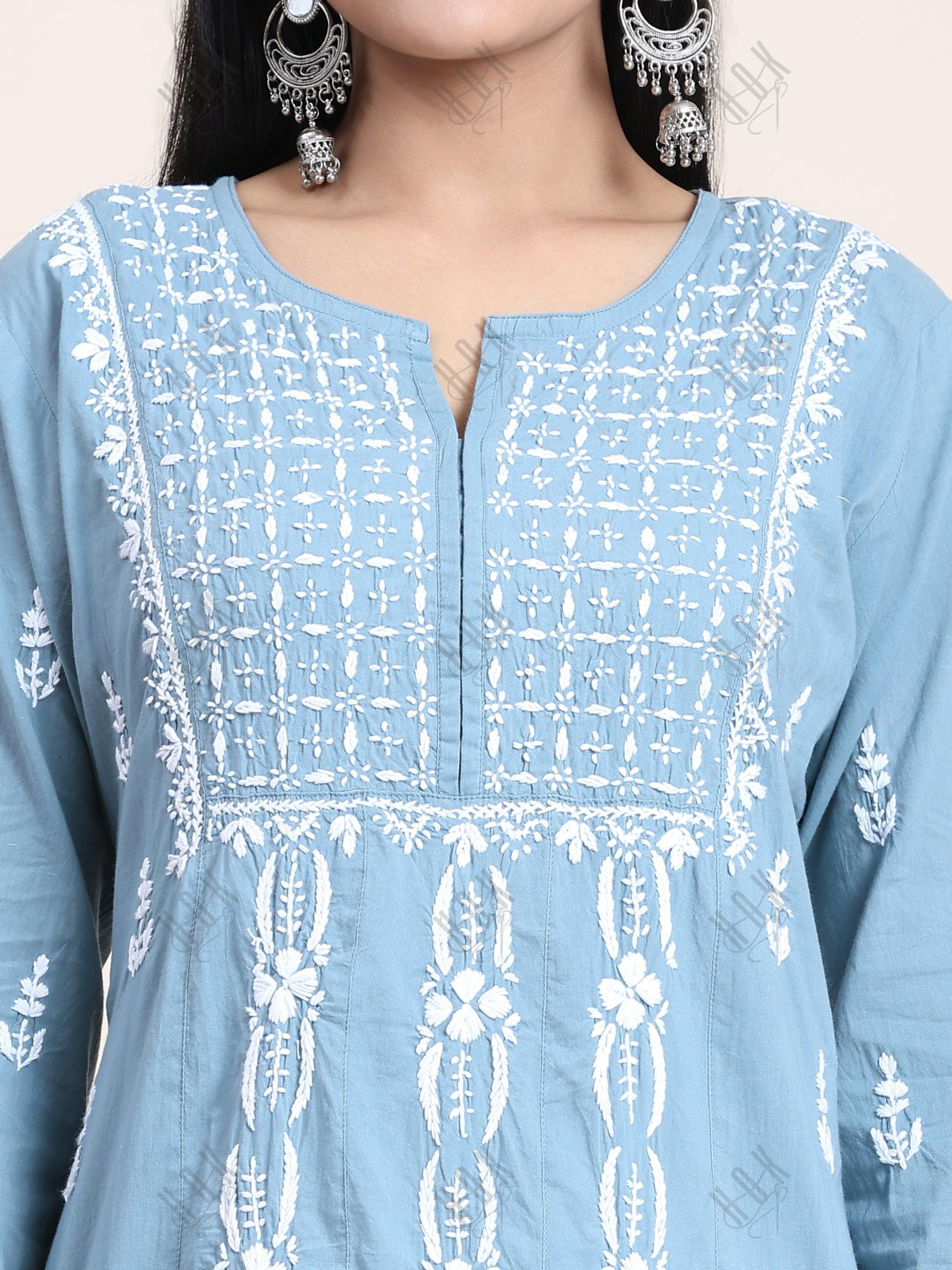 Noor Hand Embroidery Chikankari Long Kurti for Women -Blue - House Of Kari (Chikankari Clothing)