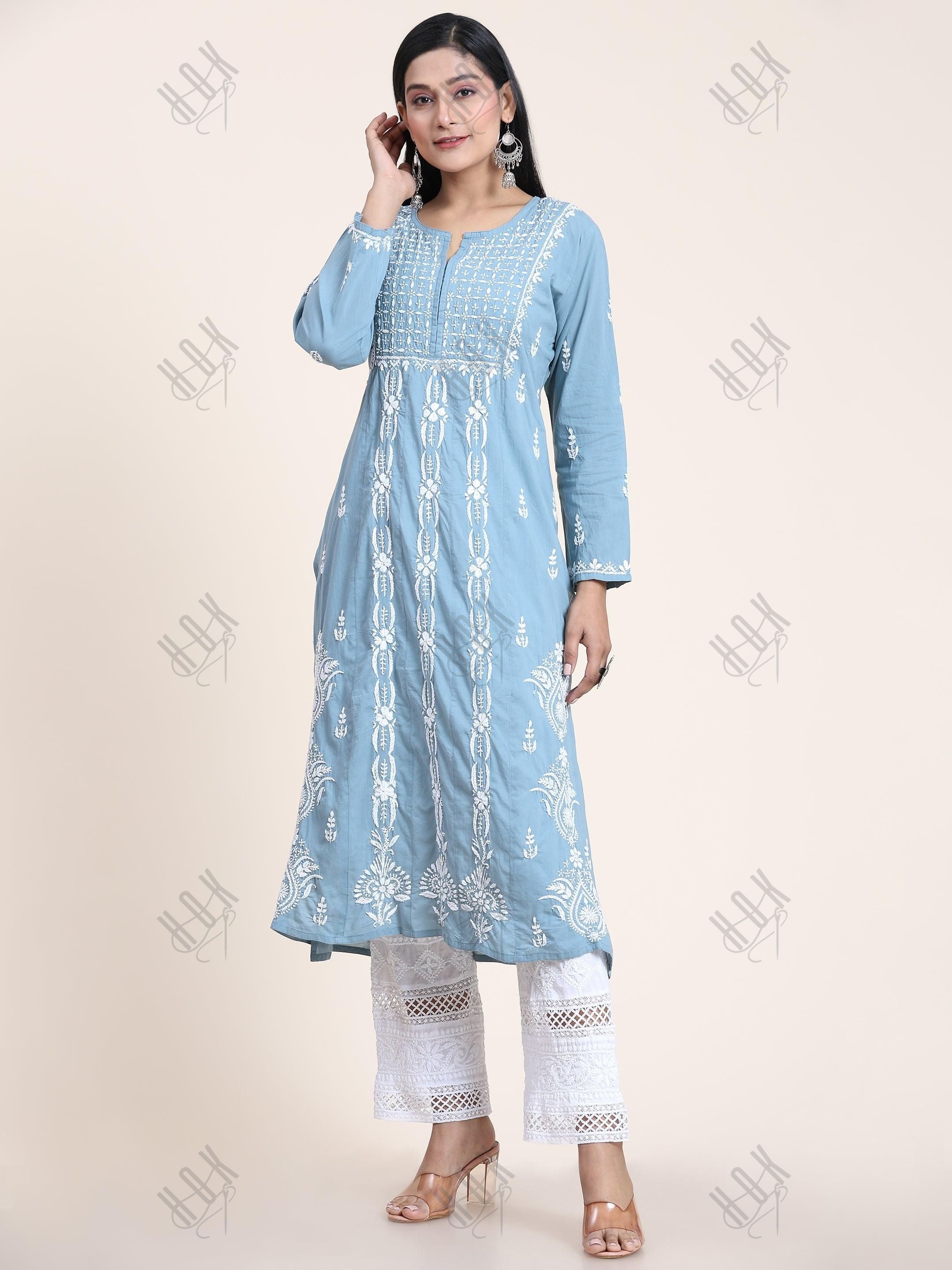 Noor Hand Embroidery Chikankari Long Kurti for Women -Blue - House Of Kari (Chikankari Clothing)