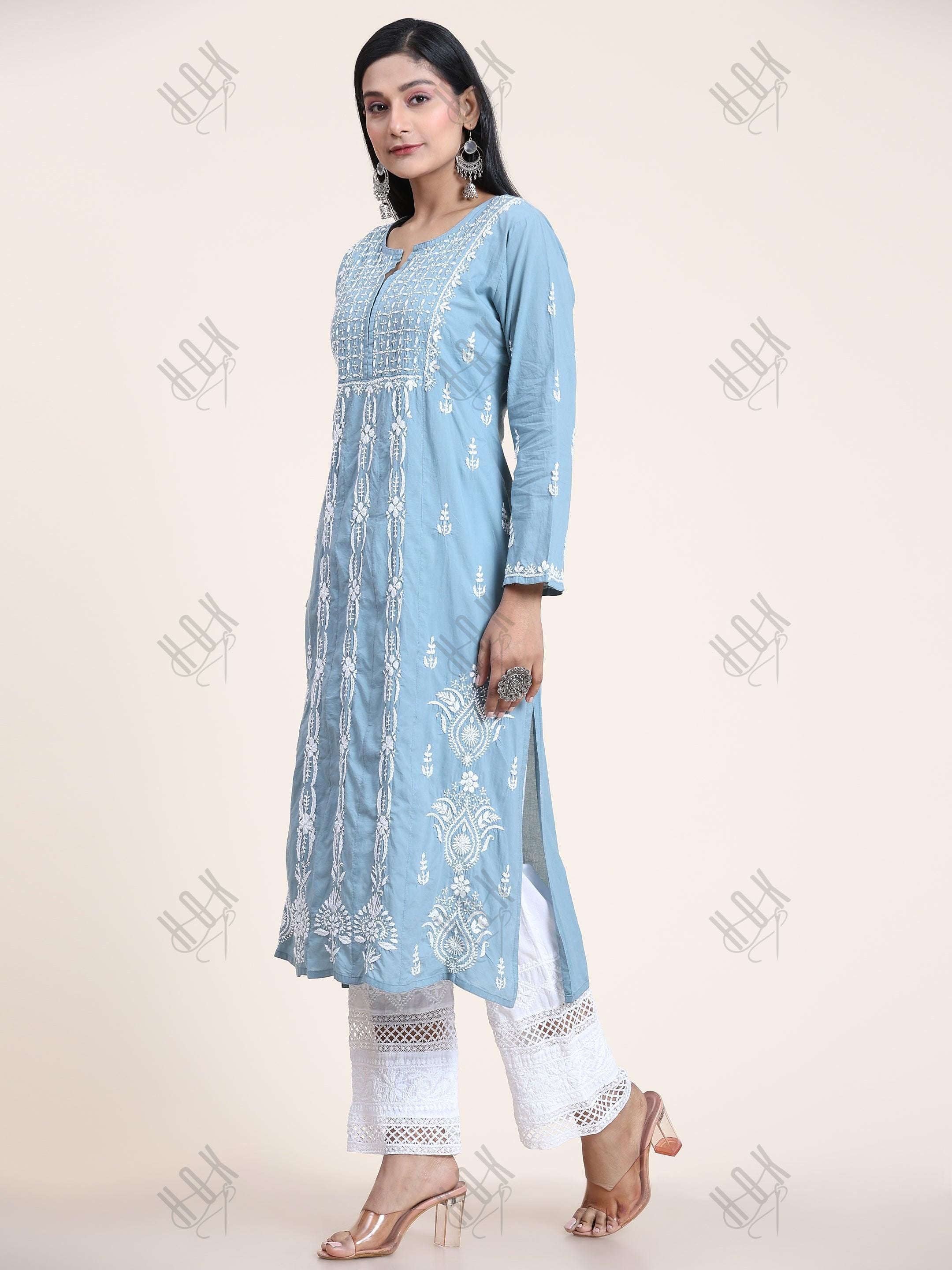 Noor Hand Embroidery Chikankari Long Kurti for Women -Blue - House Of Kari (Chikankari Clothing)