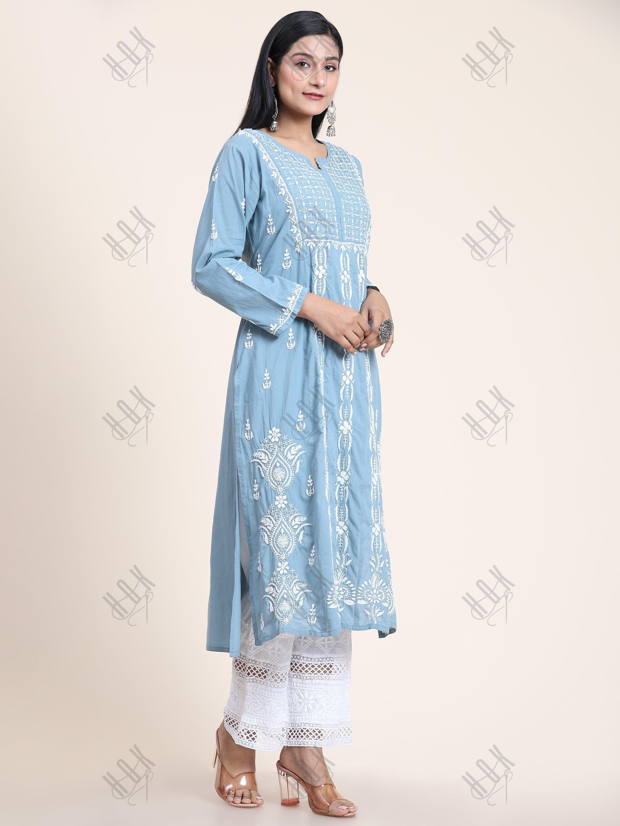 Noor Hand Embroidery Chikankari Long Kurti for Women -Blue - House Of Kari (Chikankari Clothing)