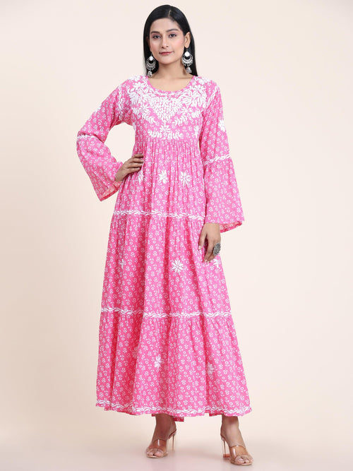 Load image into Gallery viewer, Samma Hand Embroidered Chikankari Mul Gown for Women- Hot Pink - House Of Kari (Chikankari Clothing)
