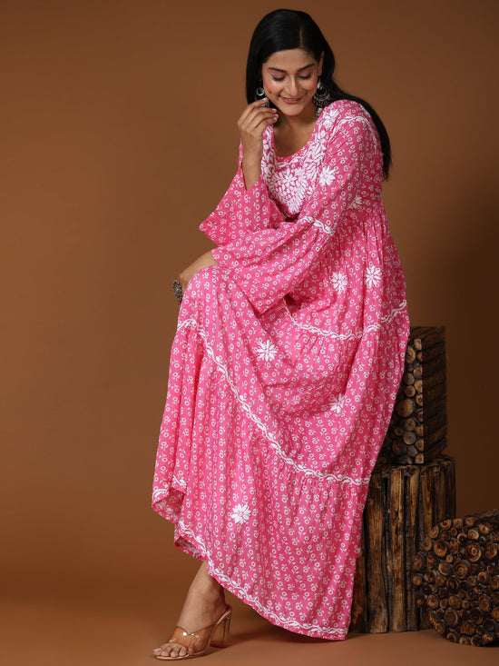Load image into Gallery viewer, Samma Hand Embroidered Chikankari Mul Gown for Women- Hot Pink - House Of Kari (Chikankari Clothing)
