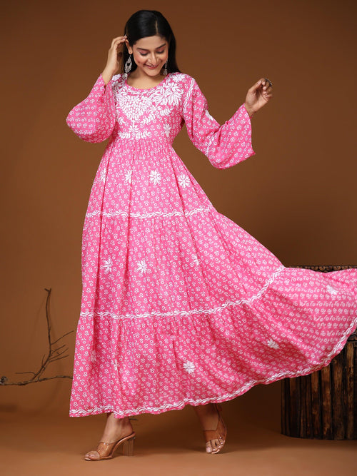 Samma Hand Embroidered Chikankari Mul Gown for Women- Hot Pink - House Of Kari (Chikankari Clothing)