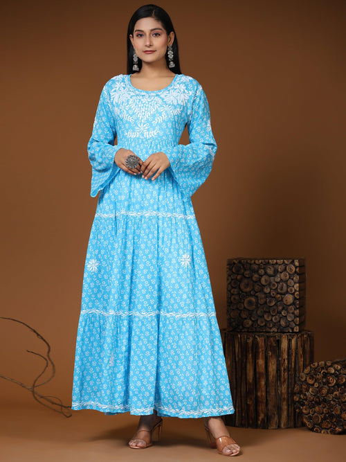 Full sleeve sky blue rich satin-sheer bodice baby party gown with  multi-layer flared tulle skirt