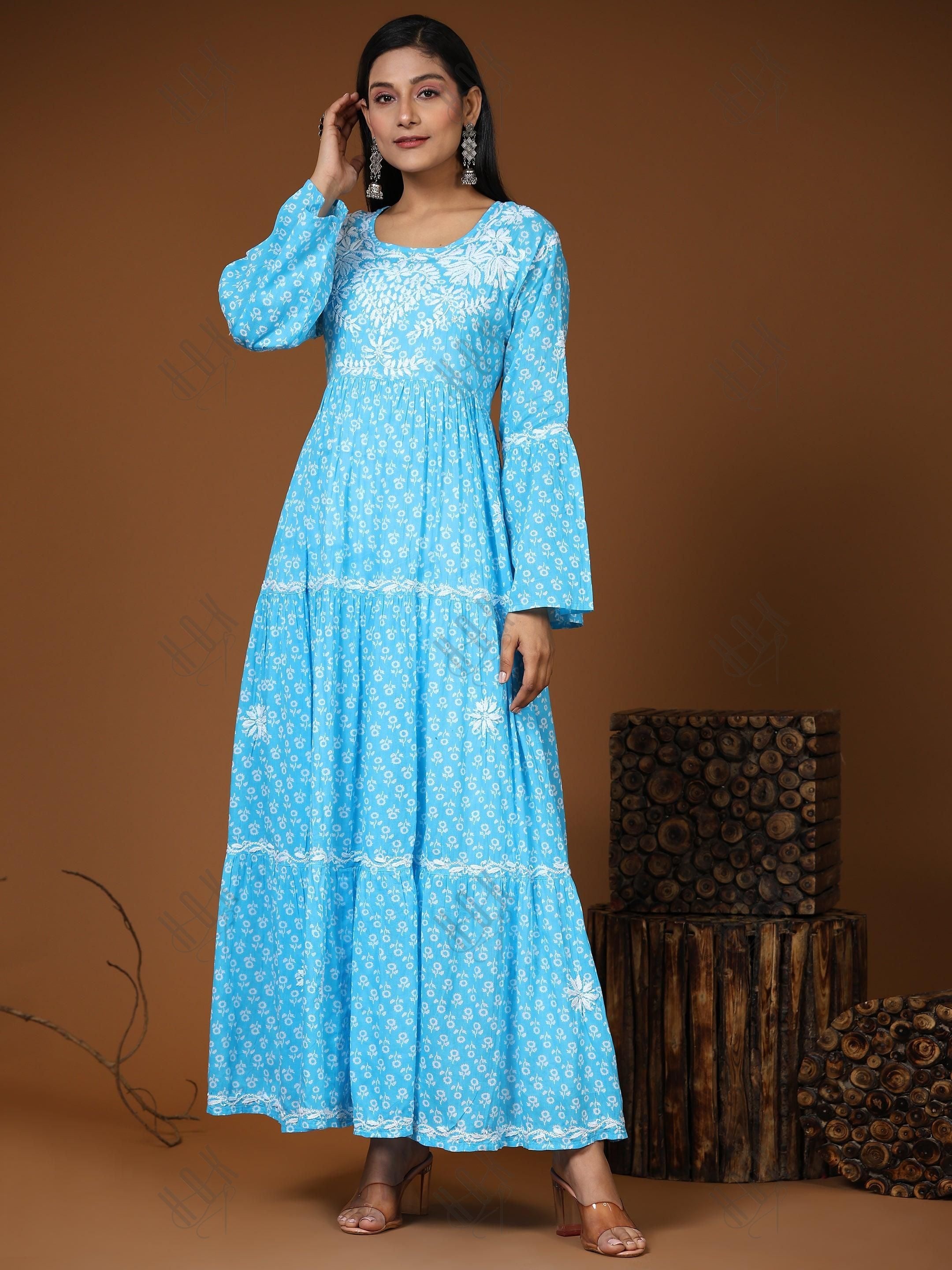 Samma Hand Embroidered Chikankari Mul Gown for Women- Sky Blue - House Of Kari (Chikankari Clothing)