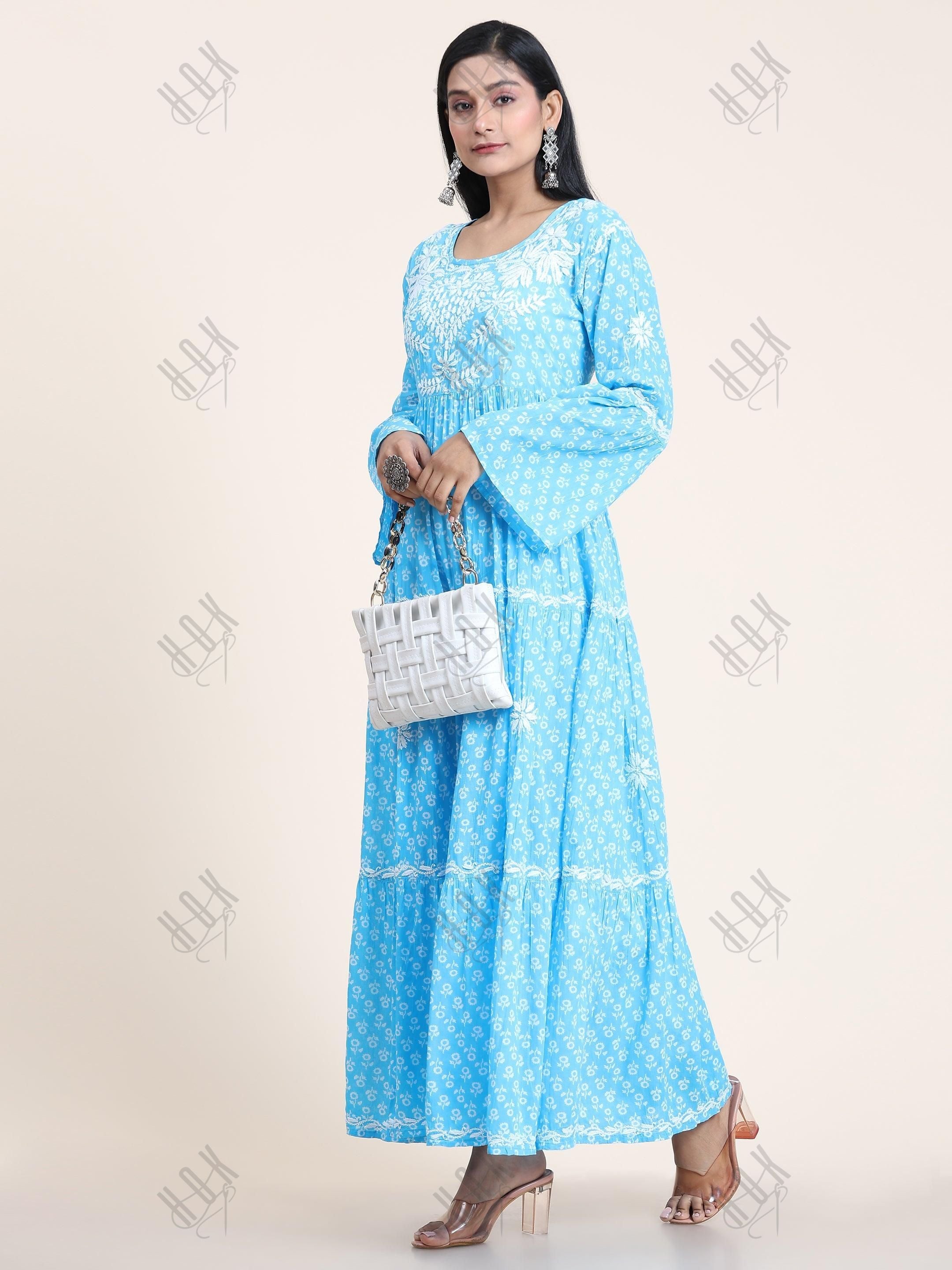 Samma Hand Embroidered Chikankari Mul Gown for Women- Sky Blue - House Of Kari (Chikankari Clothing)