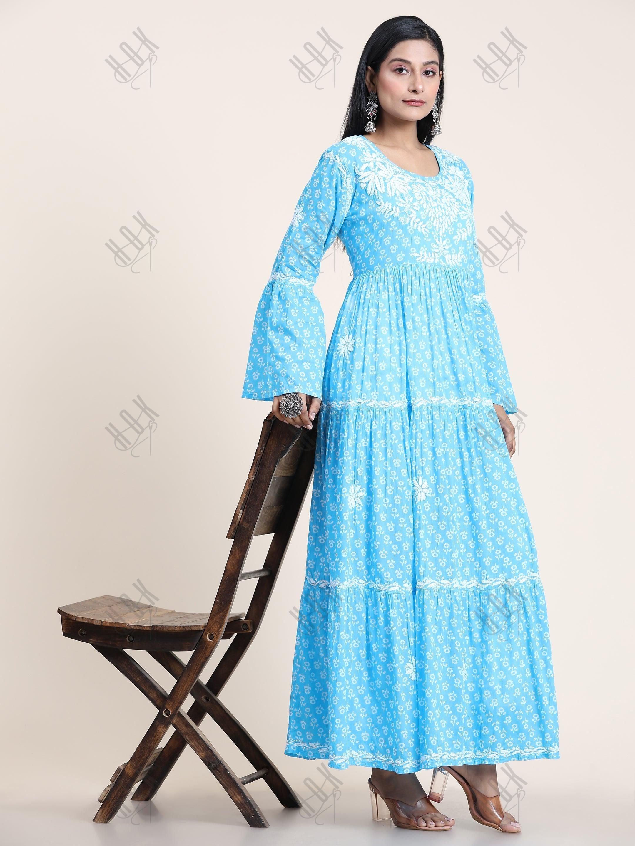 Samma Hand Embroidered Chikankari Mul Gown for Women- Sky Blue - House Of Kari (Chikankari Clothing)