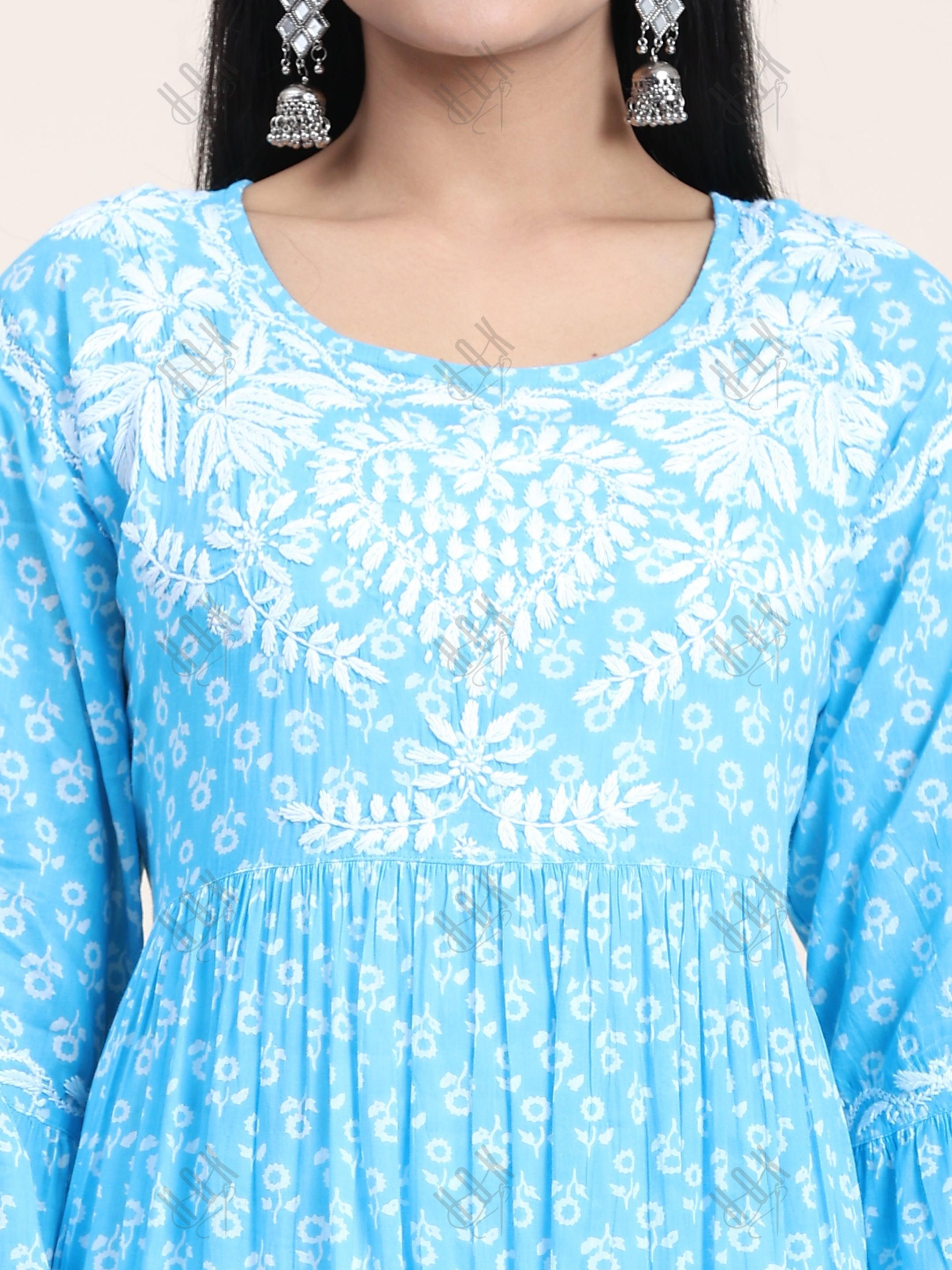 Samma Hand Embroidered Chikankari Mul Gown for Women- Sky Blue - House Of Kari (Chikankari Clothing)