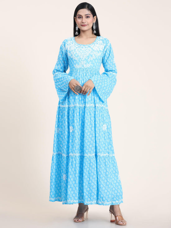 Samma Hand Embroidered Chikankari Mul Gown for Women- Sky Blue - House Of Kari (Chikankari Clothing)