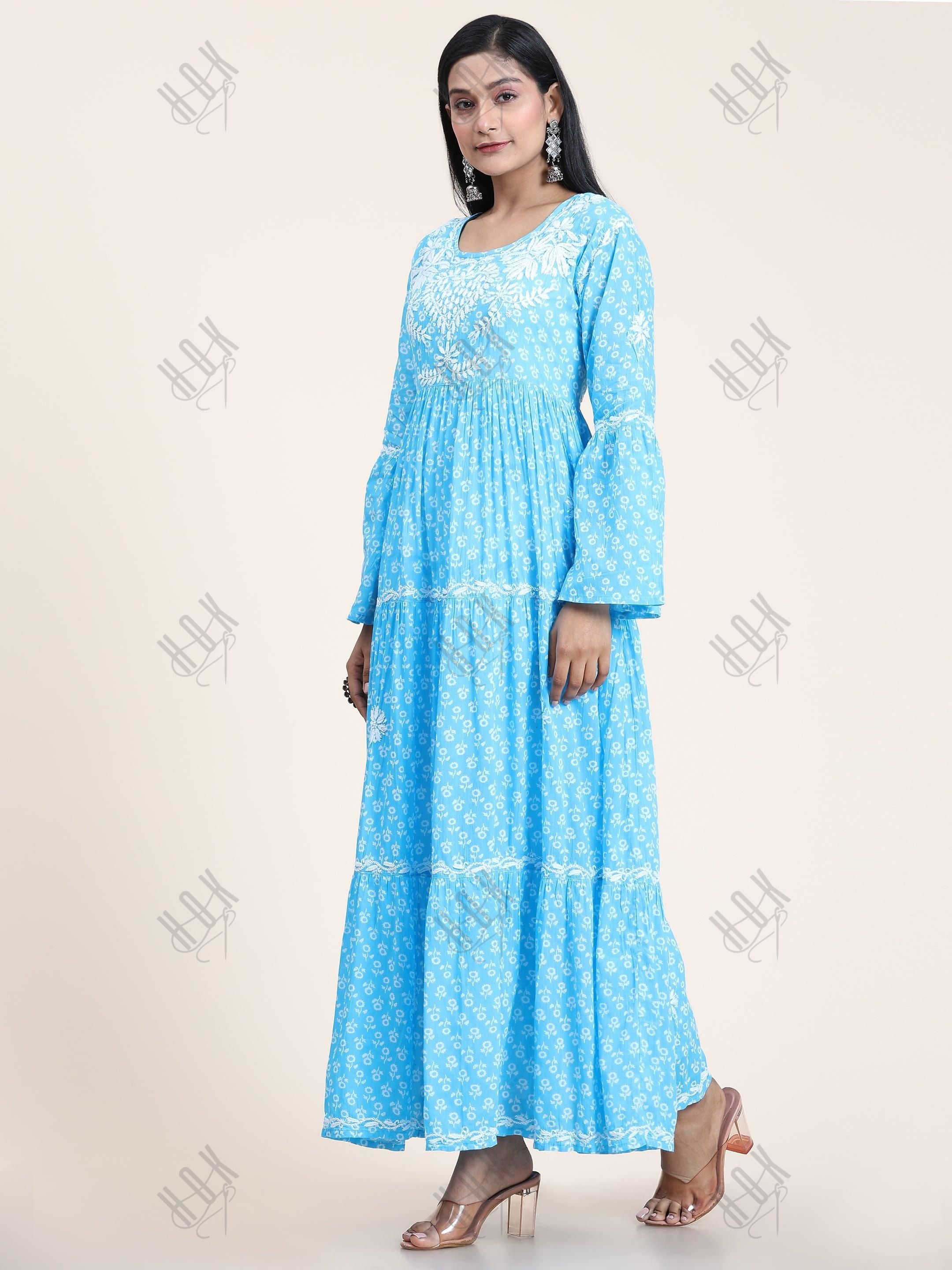 Samma Hand Embroidered Chikankari Mul Gown for Women- Sky Blue - House Of Kari (Chikankari Clothing)