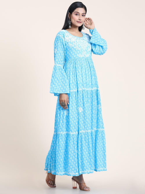 Samma Hand Embroidered Chikankari Mul Gown for Women- Sky Blue - House Of Kari (Chikankari Clothing)