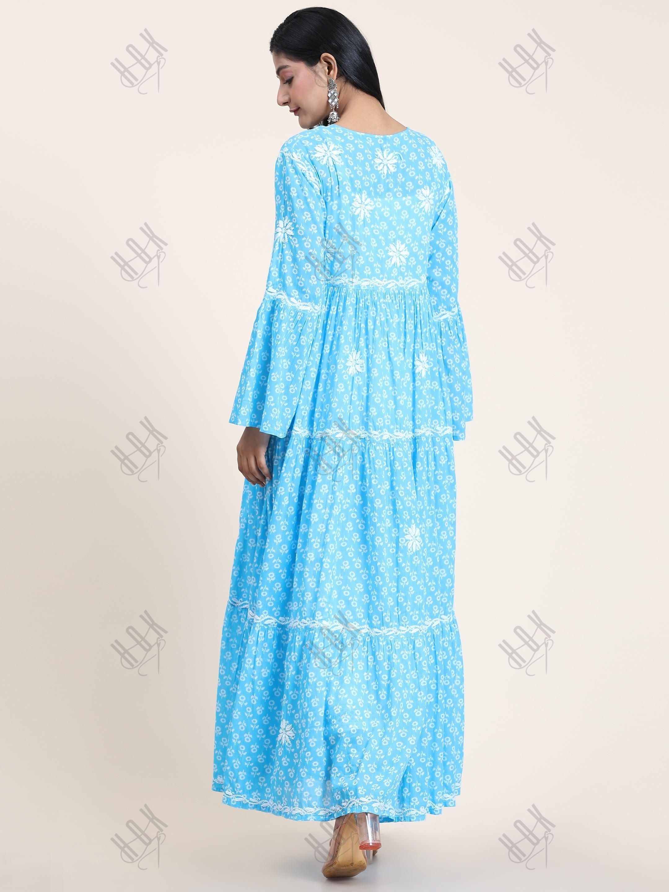 Samma Hand Embroidered Chikankari Mul Gown for Women- Sky Blue - House Of Kari (Chikankari Clothing)