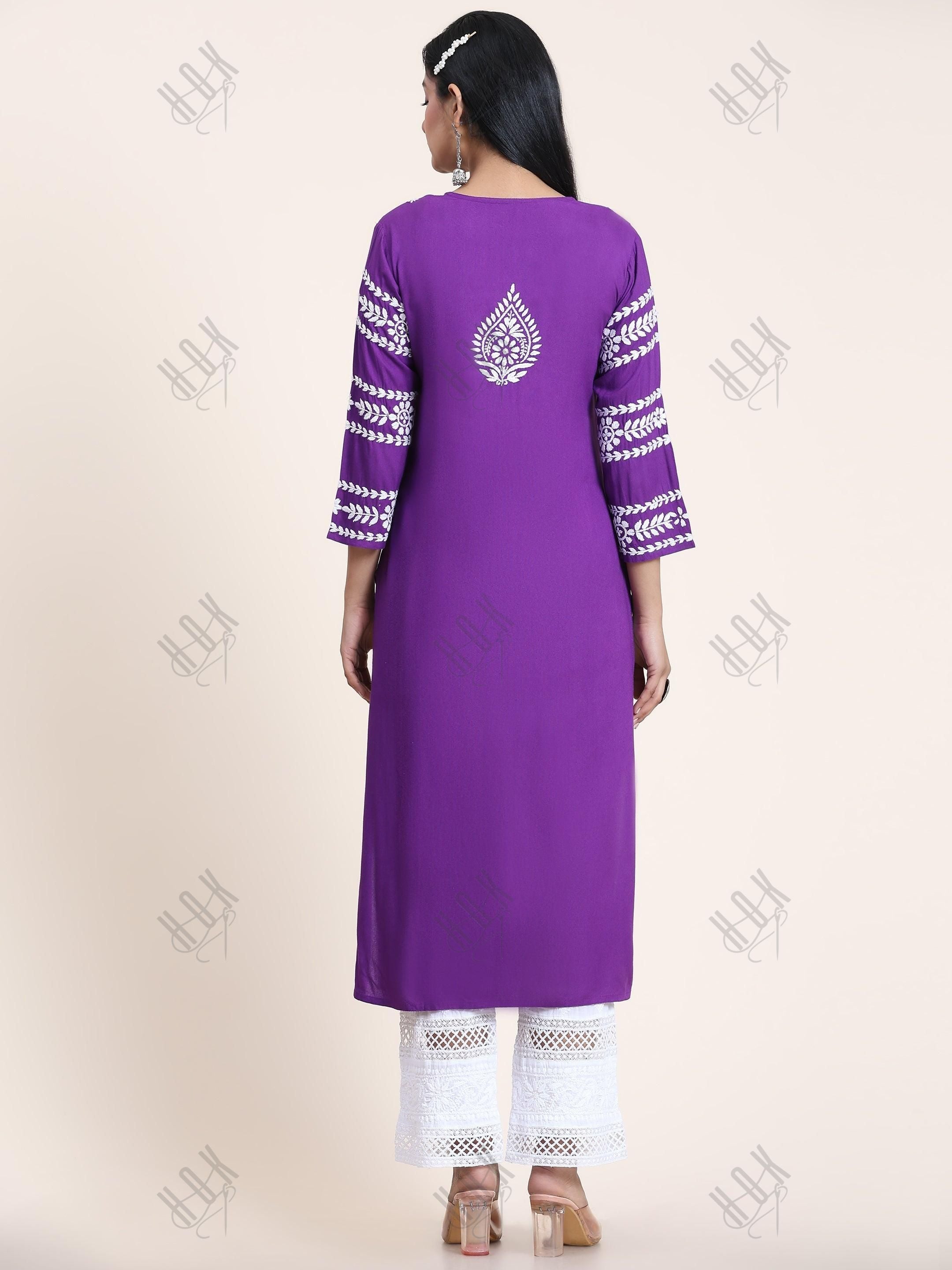 Sayantani in Noor Chikankari Long Kurta in Rayon Cotton for Women- Purple - House Of Kari (Chikankari Clothing)