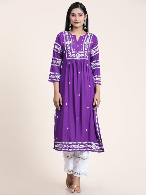 Sayantani in Noor Chikankari Long Kurta in Rayon Cotton for Women- Purple - House Of Kari (Chikankari Clothing)