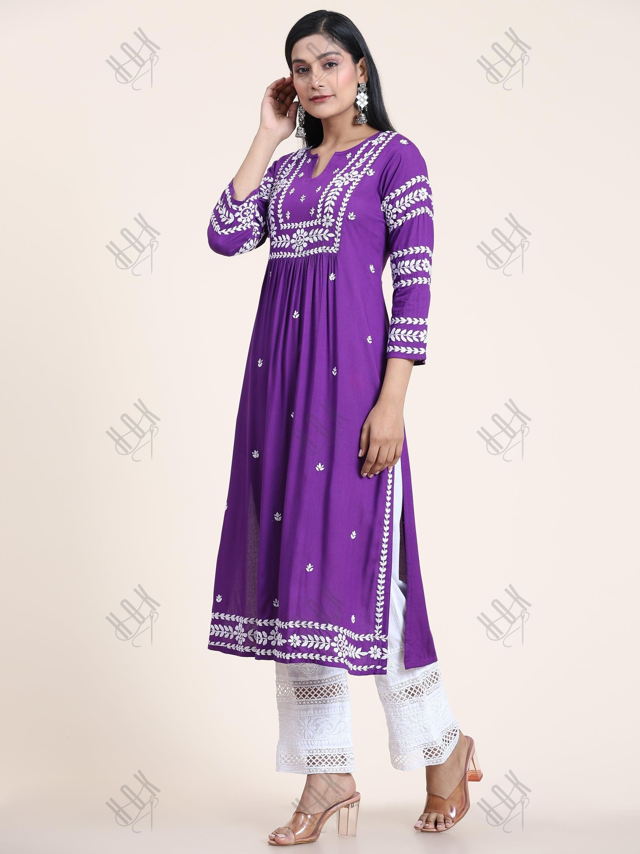 Sayantani in Noor Chikankari Long Kurta in Rayon Cotton for Women- Purple - House Of Kari (Chikankari Clothing)