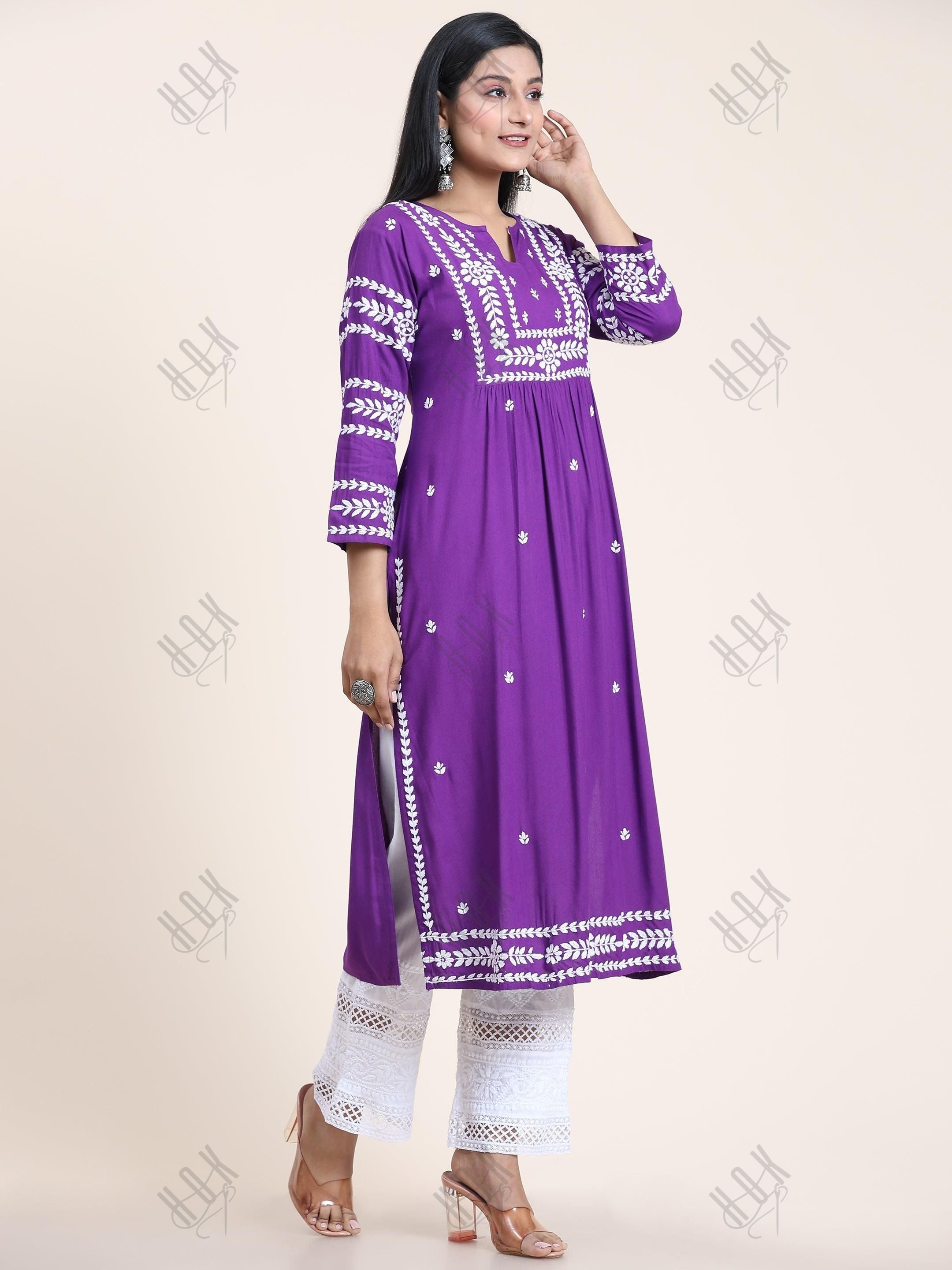 Sayantani in Noor Chikankari Long Kurta in Rayon Cotton for Women- Purple - House Of Kari (Chikankari Clothing)