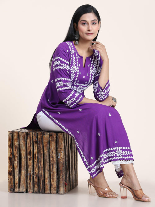 Noor Chikankari Long Kurta in Rayon Cotton for Women- Purple - House Of Kari (Chikankari Clothing)