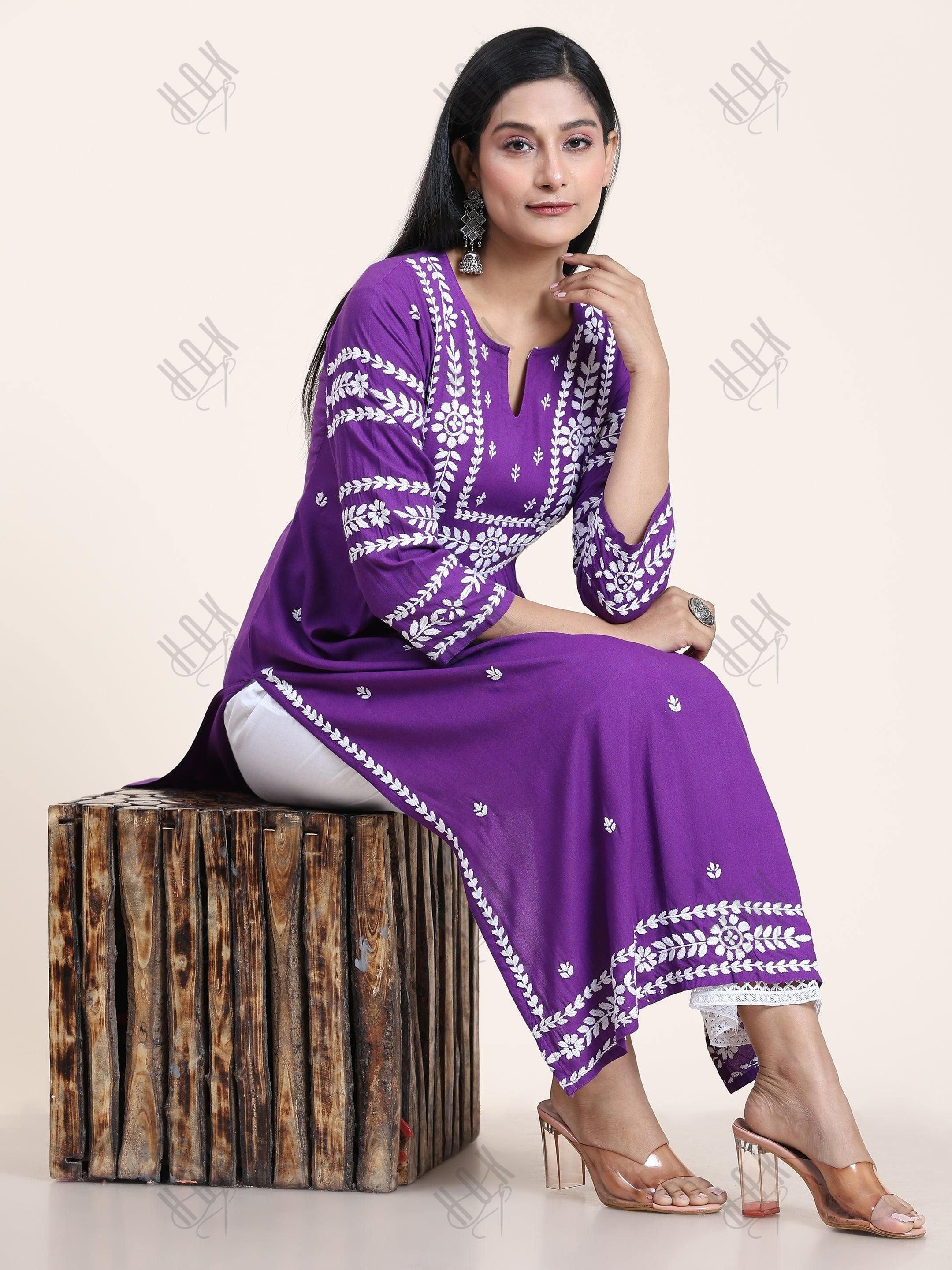 Sayantani in Noor Chikankari Long Kurta in Rayon Cotton for Women- Purple - House Of Kari (Chikankari Clothing)