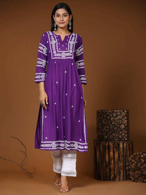Noor Chikankari Long Kurta in Rayon Cotton for Women- Purple - House Of Kari (Chikankari Clothing)