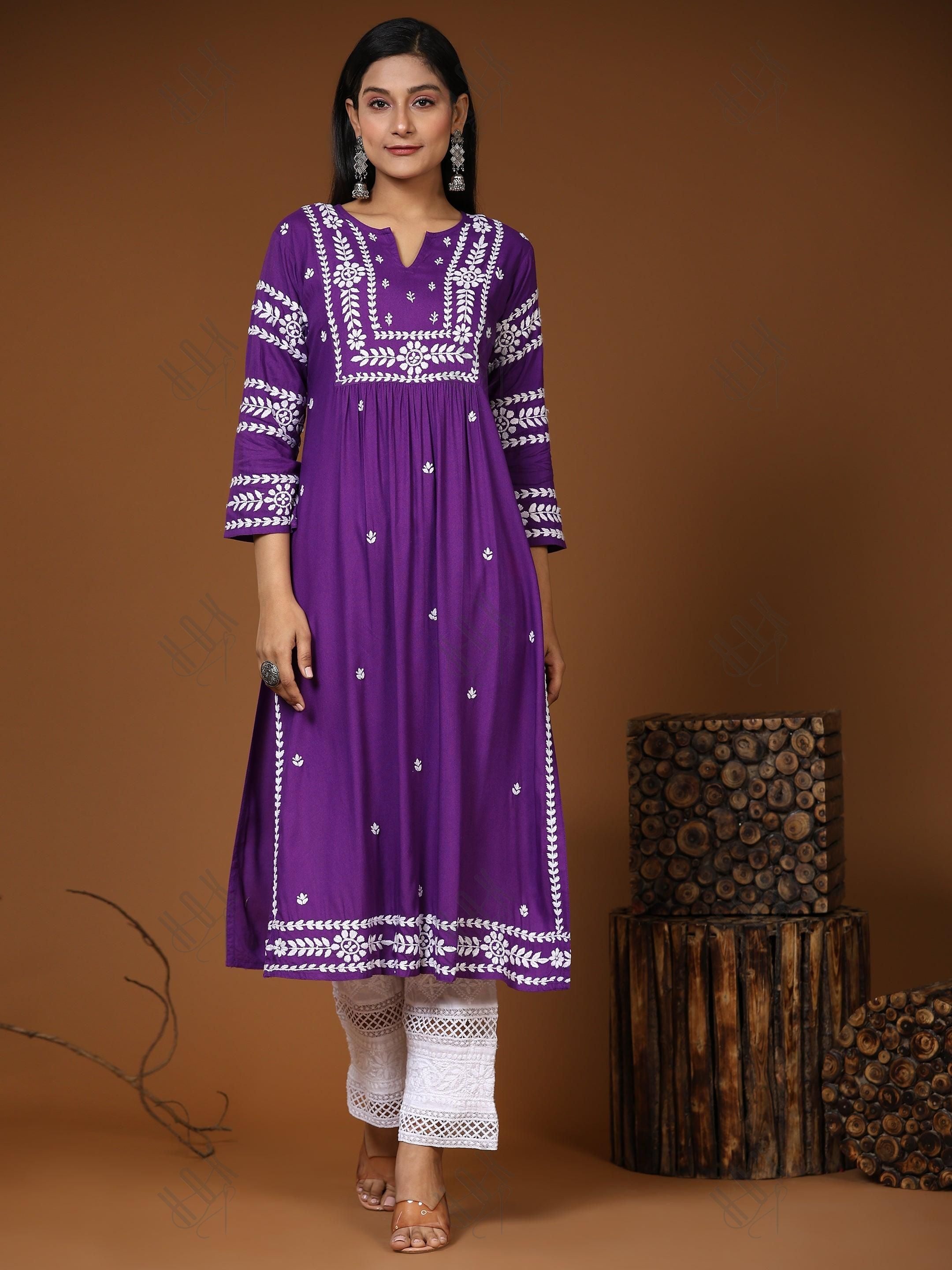 Sayantani in Noor Chikankari Long Kurta in Rayon Cotton for Women- Purple - House Of Kari (Chikankari Clothing)