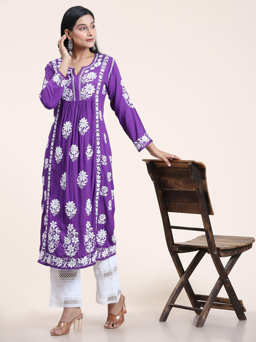 Noor HOK Rayon Chikankari Anarkali in Purple - House Of Kari (Chikankari Clothing)