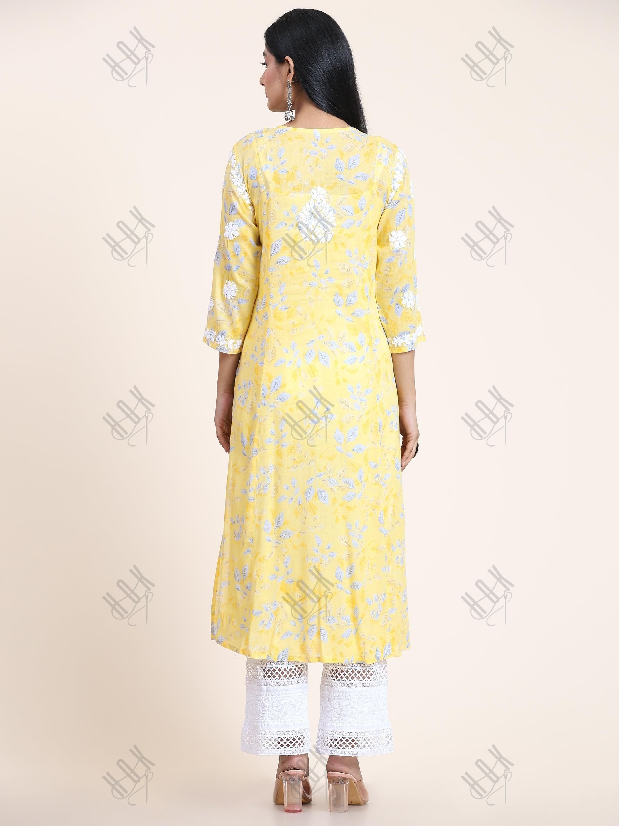 Samma Mul Printed Hand Embroidery Chikankari Kurta- Yellow - House Of Kari (Chikankari Clothing)