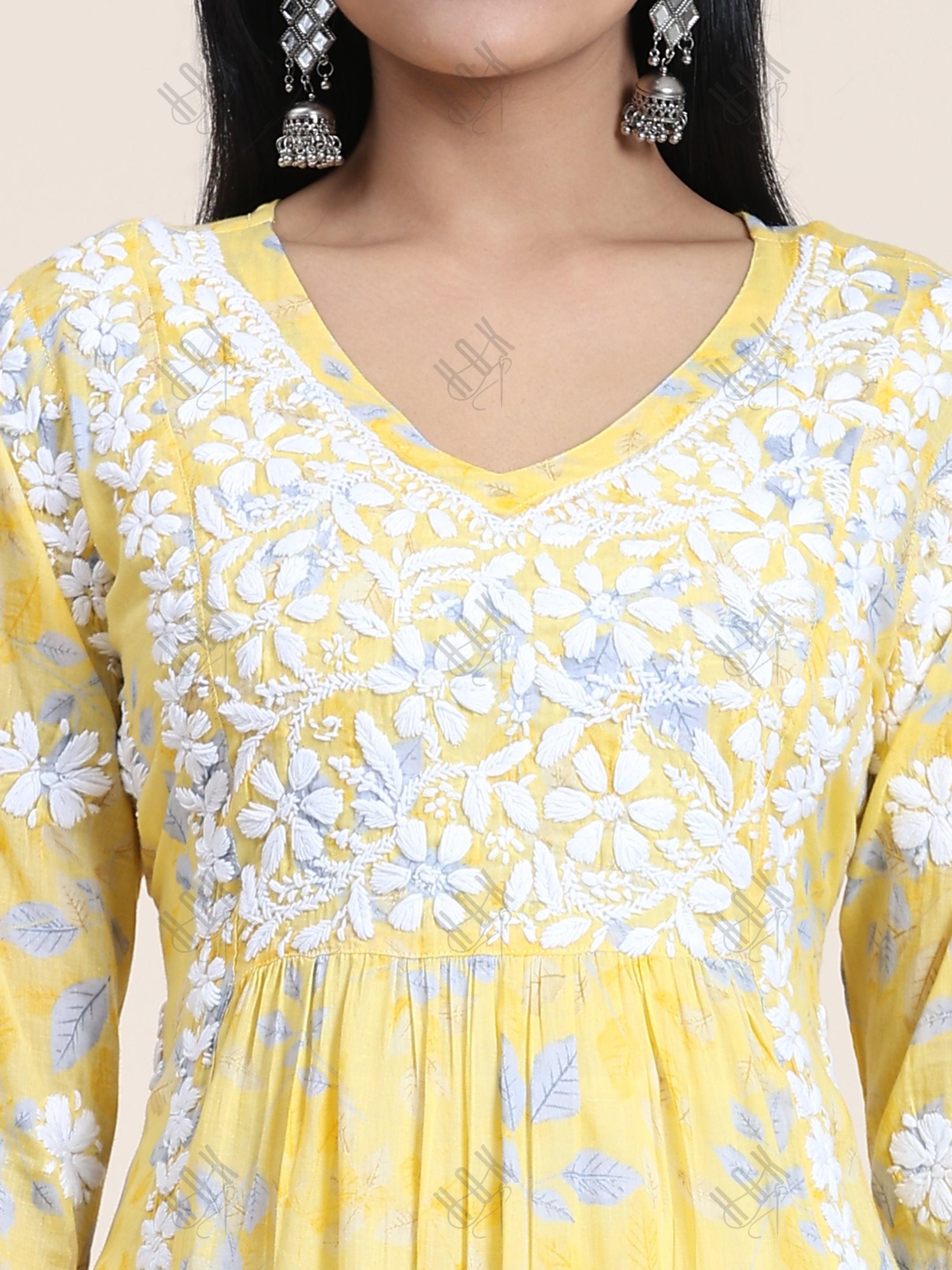 Yashaswine in Noor Mul Printed Hand Embroidery Chikankari Kurta- Yellow - House Of Kari (Chikankari Clothing)