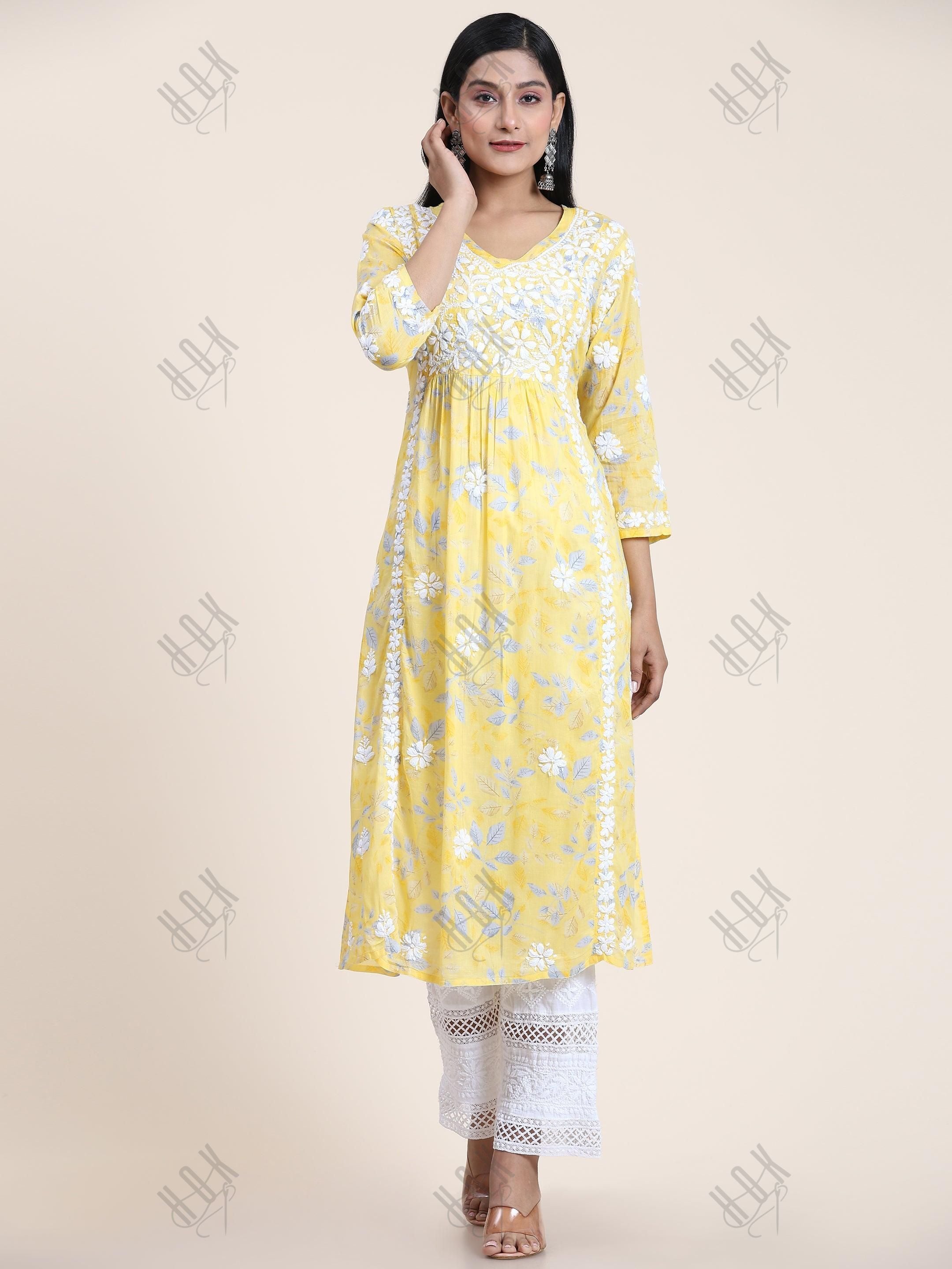 Samma Mul Printed Hand Embroidery Chikankari Kurta- Yellow - House Of Kari (Chikankari Clothing)