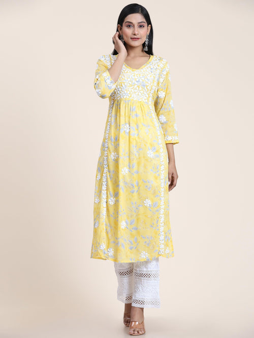 Yashaswine in Noor Mul Printed Hand Embroidery Chikankari Kurta- Yellow - House Of Kari (Chikankari Clothing)